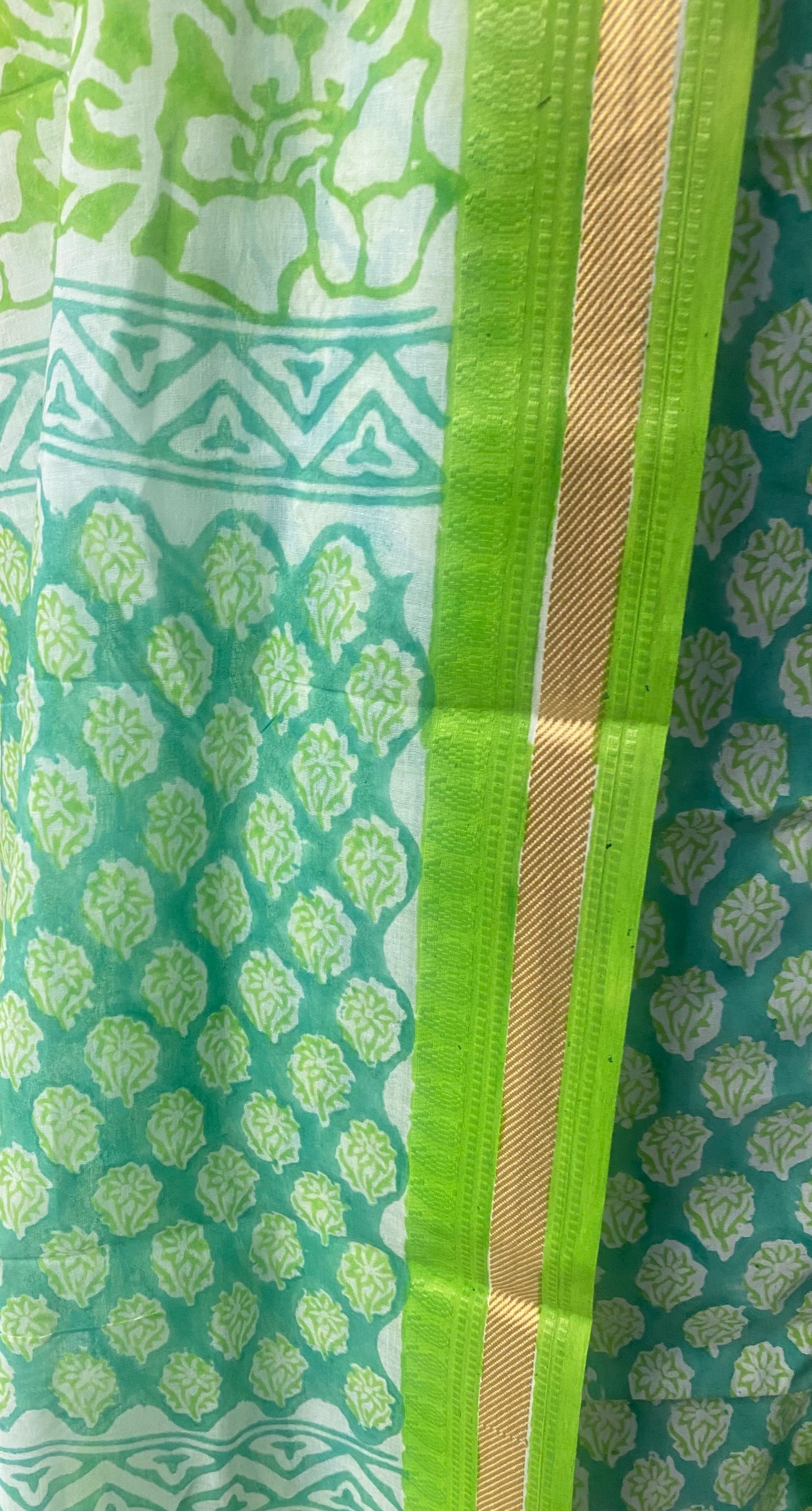 Pure Cotton Green Block Print Cotton Dupatta with Resham Border