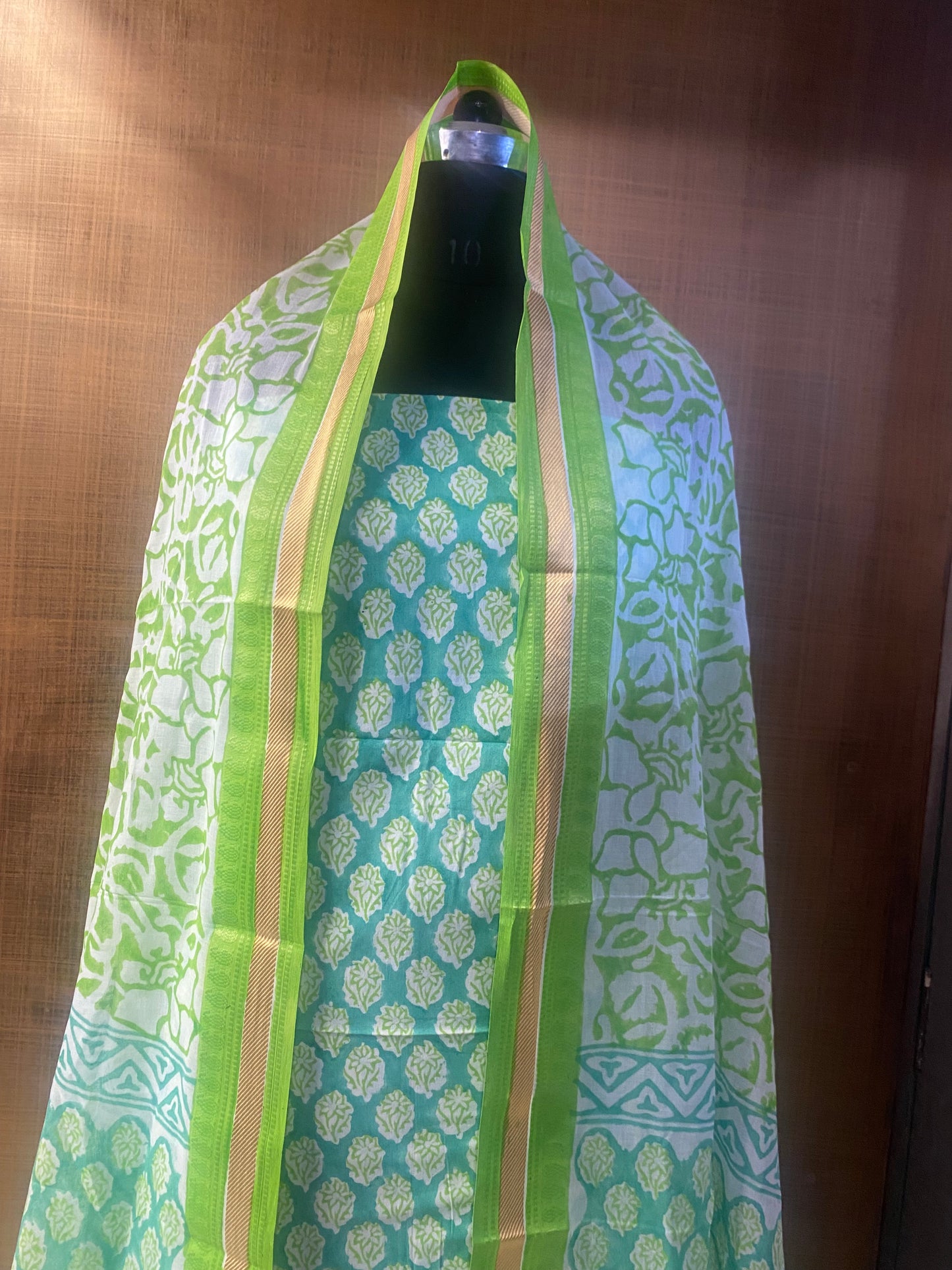 Pure Cotton Green Block Print Cotton Dupatta with Resham Border