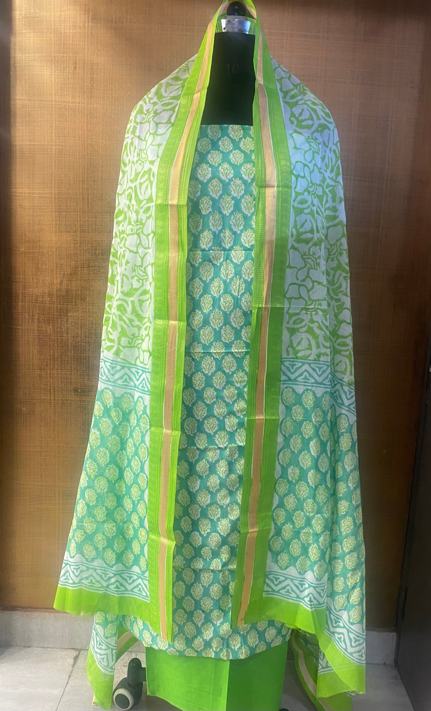 Pure Cotton Green Block Print Cotton Dupatta with Resham Border