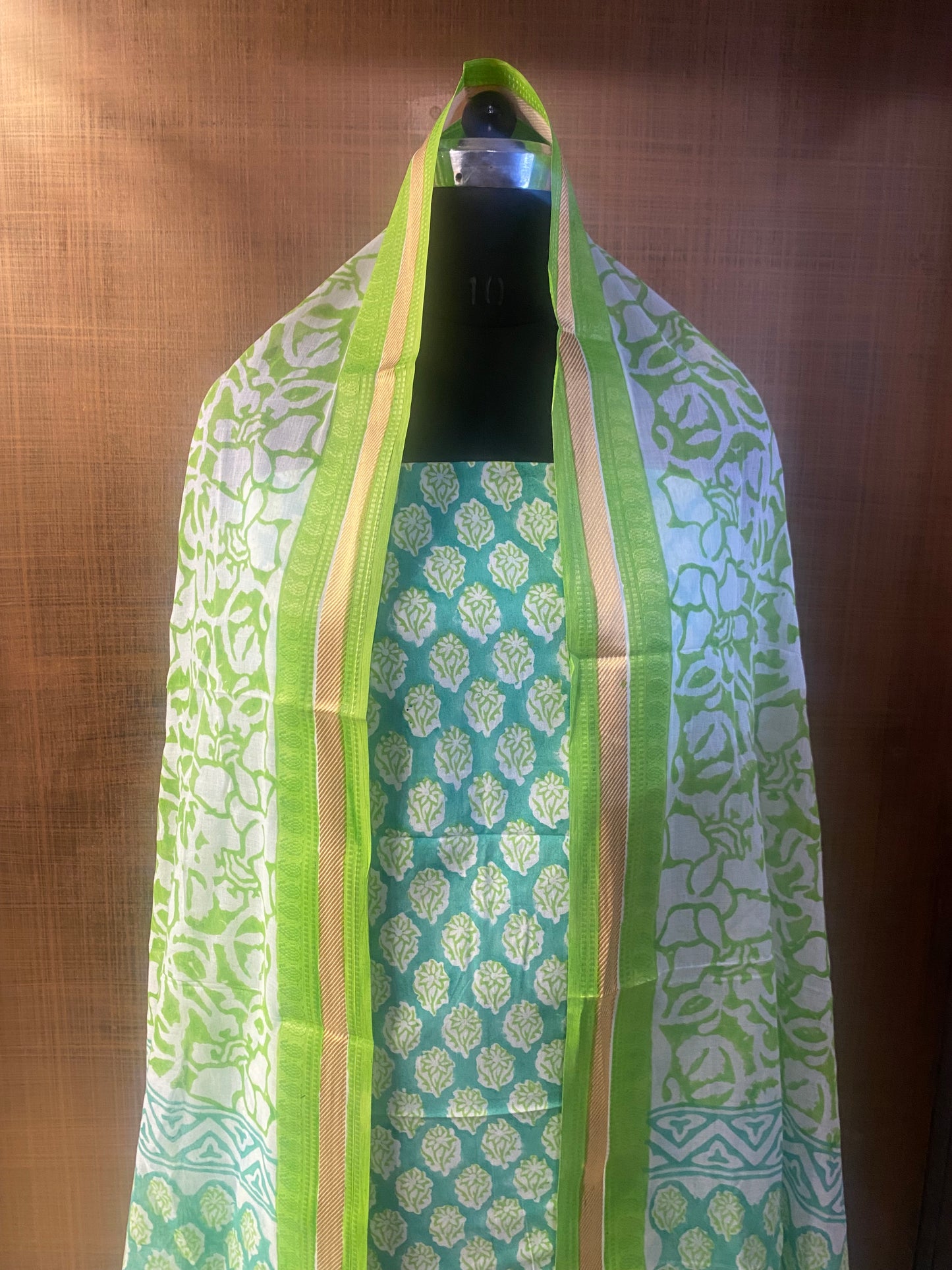 Pure Cotton Green Block Print Cotton Dupatta with Resham Border