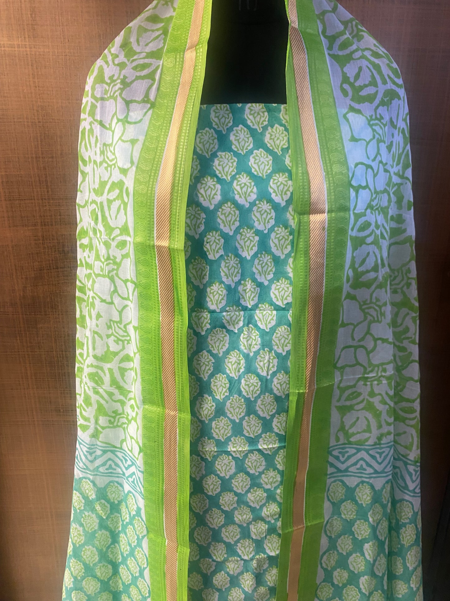 Pure Cotton Green Block Print Cotton Dupatta with Resham Border