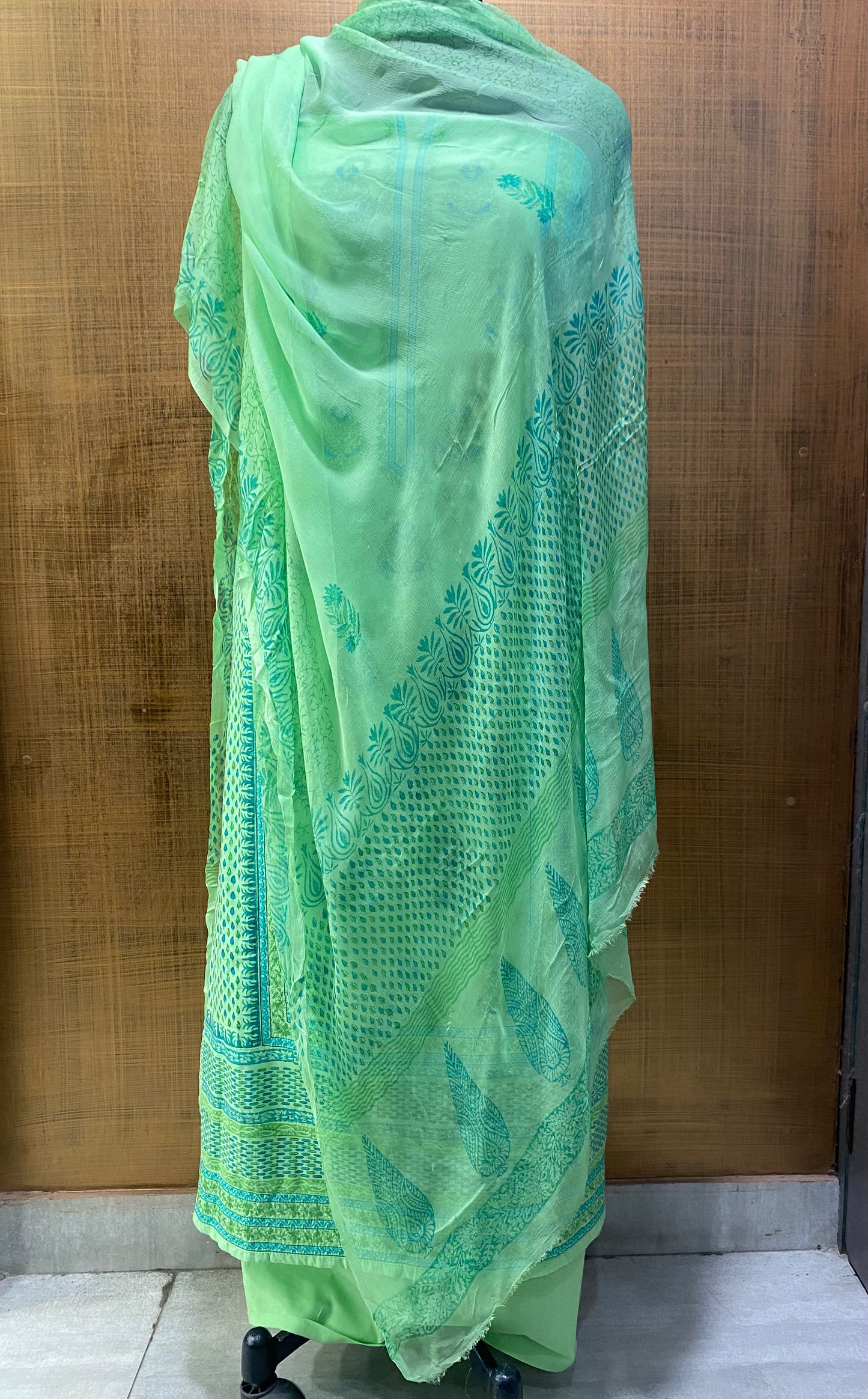 Green pure cotton block print shirt with chiffon dupatta