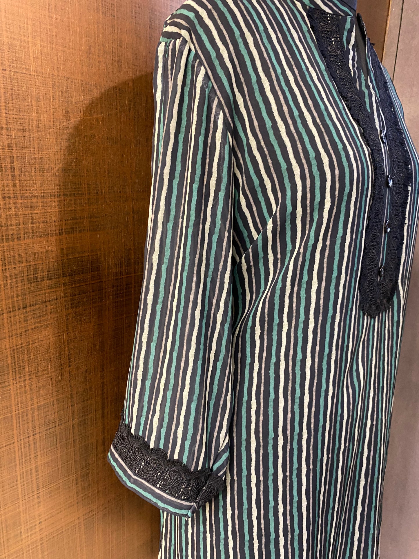 Black Georgette Kurti with Green & White stripes