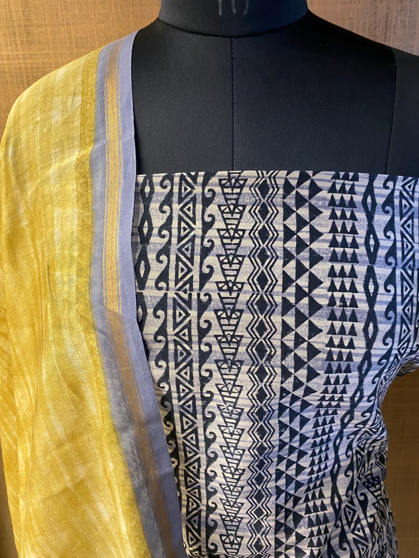 Black & White Printed Maheshwari with Yellow Dupatta