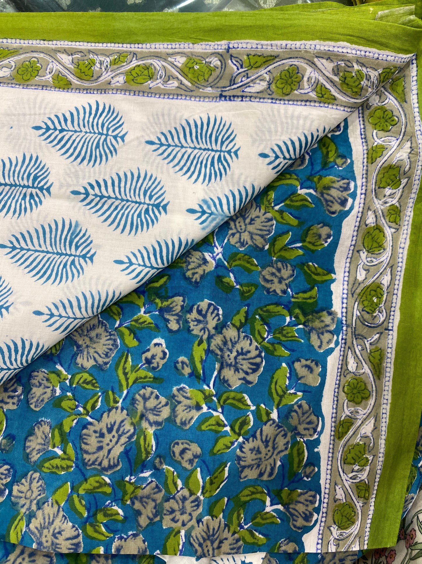 Pure Cotton Ferozi & Green block Print with Chiffon Dupatta