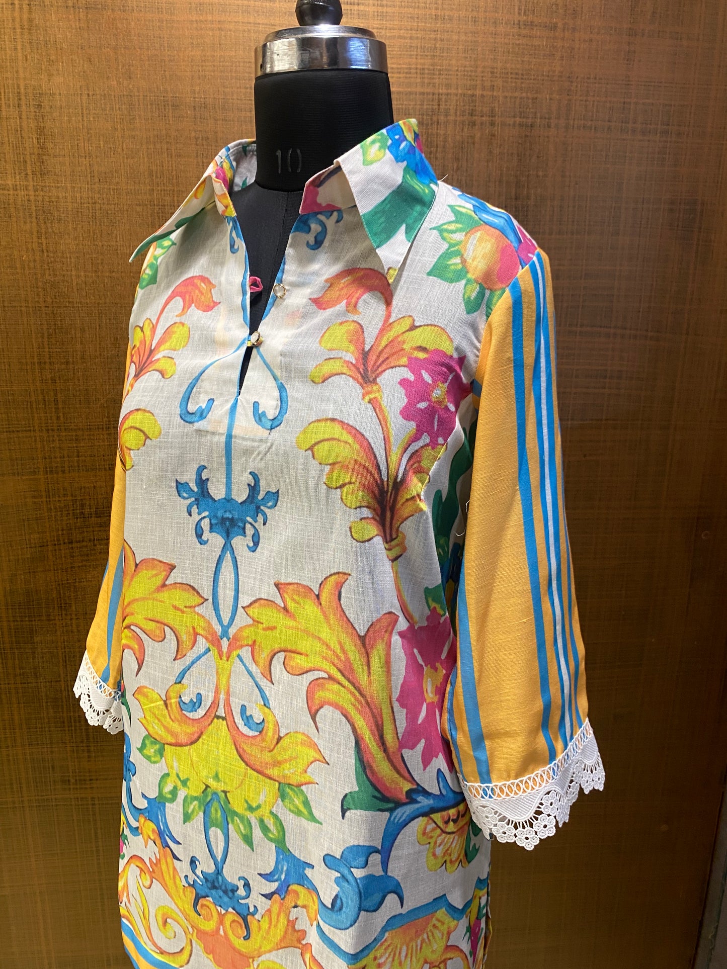 White Linen Multi-colored print Coord set