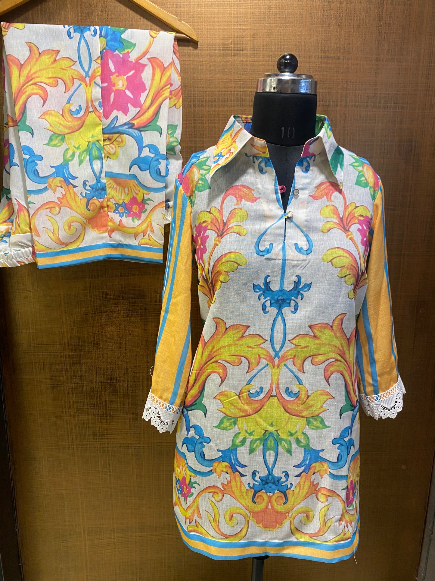 White Linen Multi-colored print Coord set