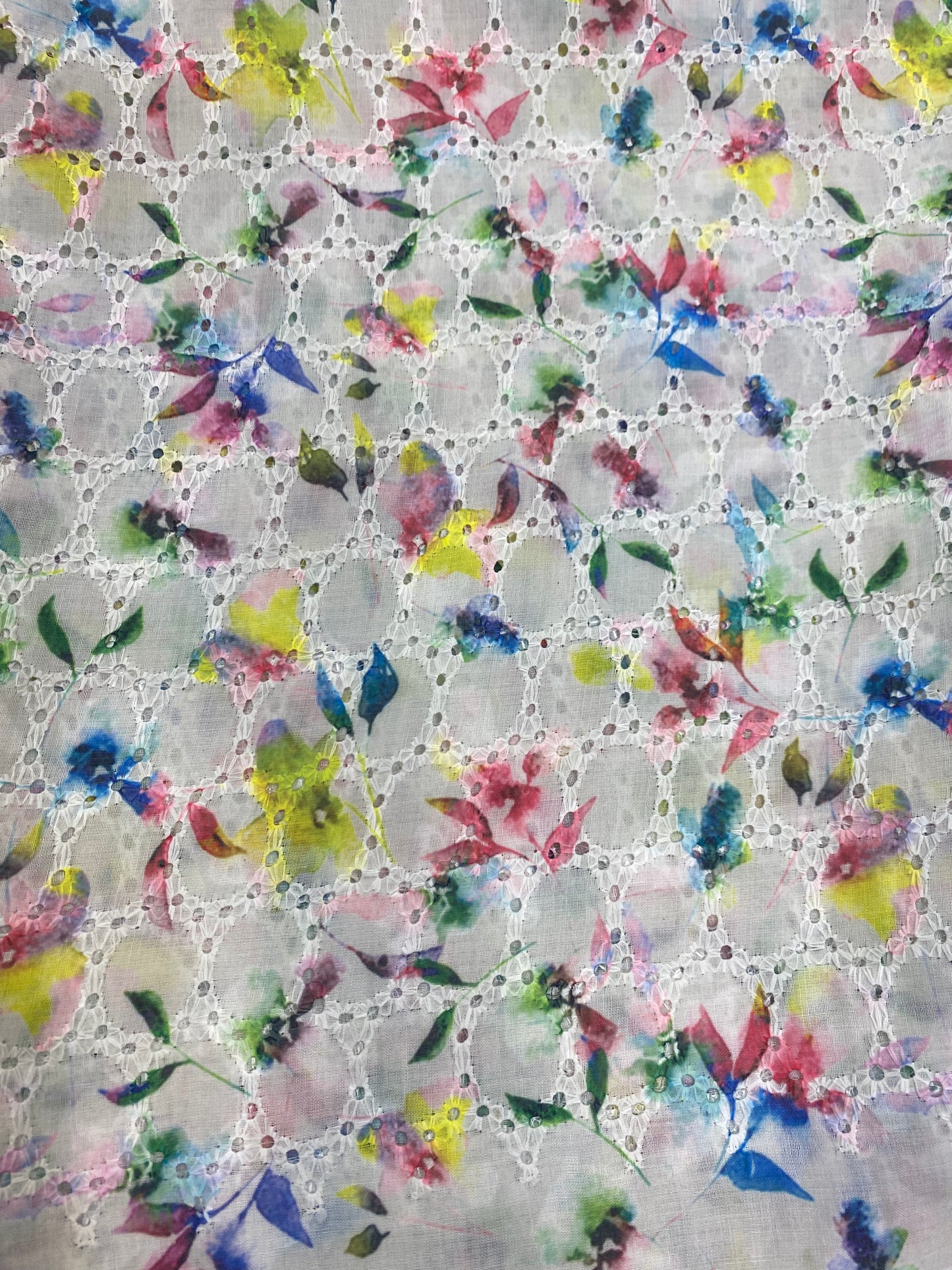 White Chikan Fabric with Multicoloured Floral Print