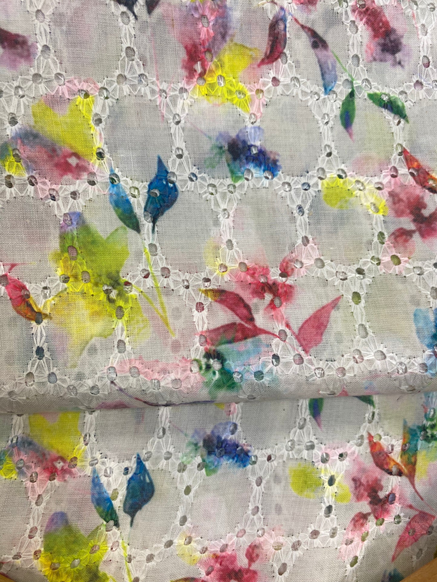 White Chikan Fabric with Multicoloured Floral Print