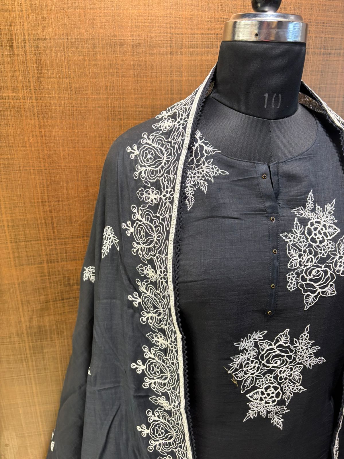 Black mul suit with white thread work