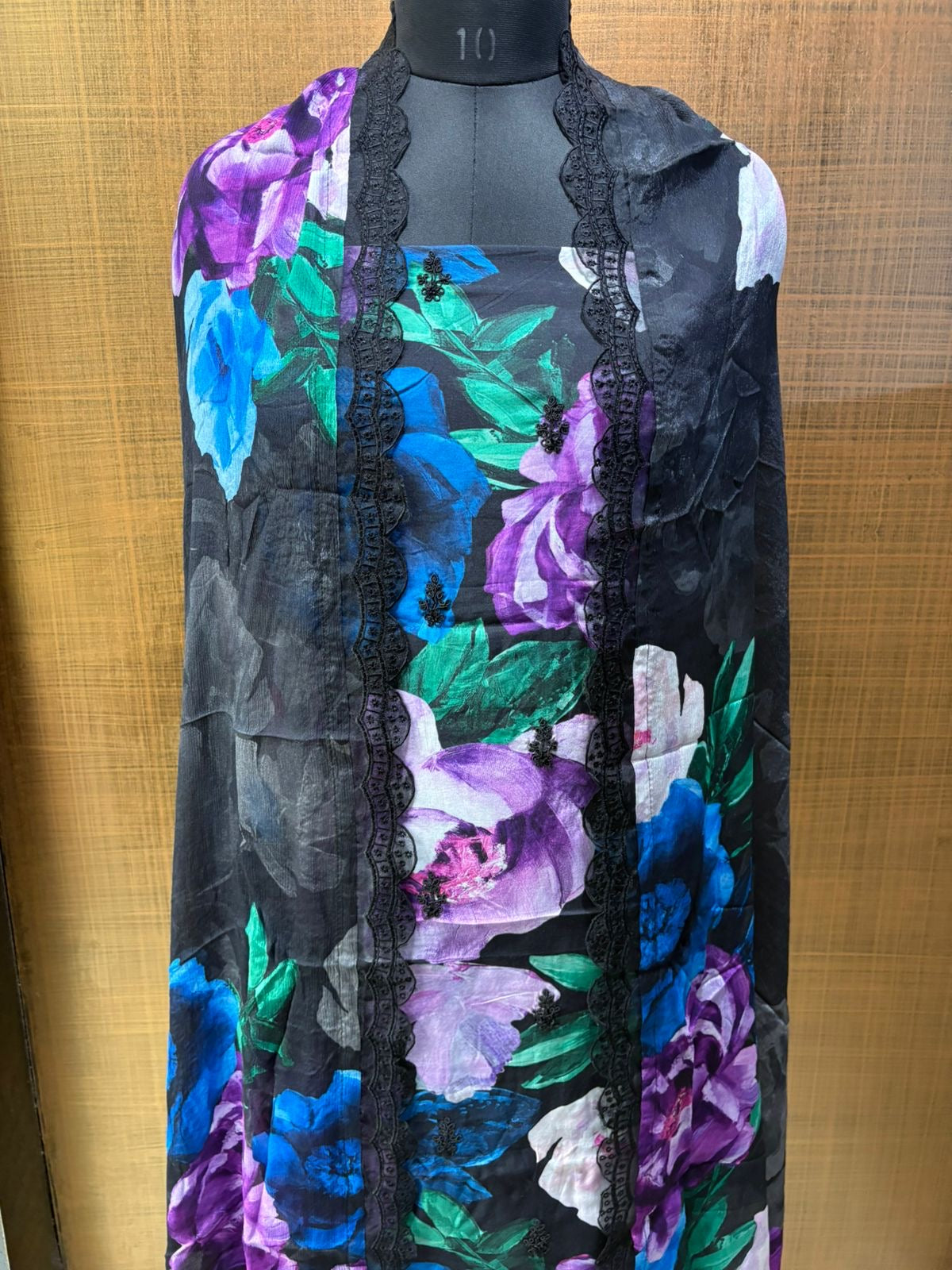 Black Muslin Floral Print Suit with Chiffon Dupatta Organza work