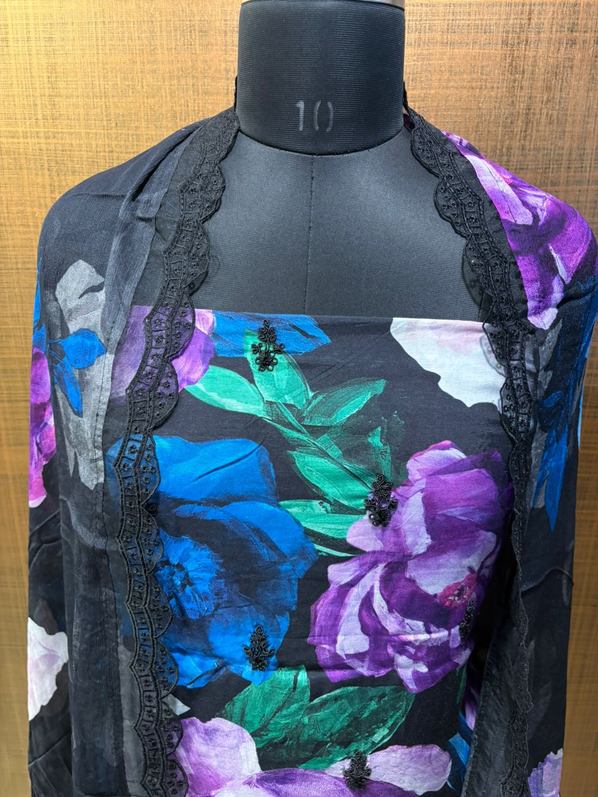 Black Muslin Floral Print Suit with Chiffon Dupatta Organza work