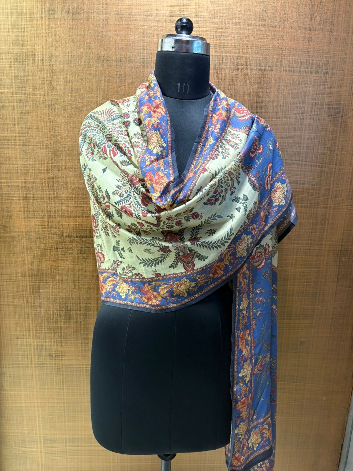 Muslin Beige-green & blue printed stole