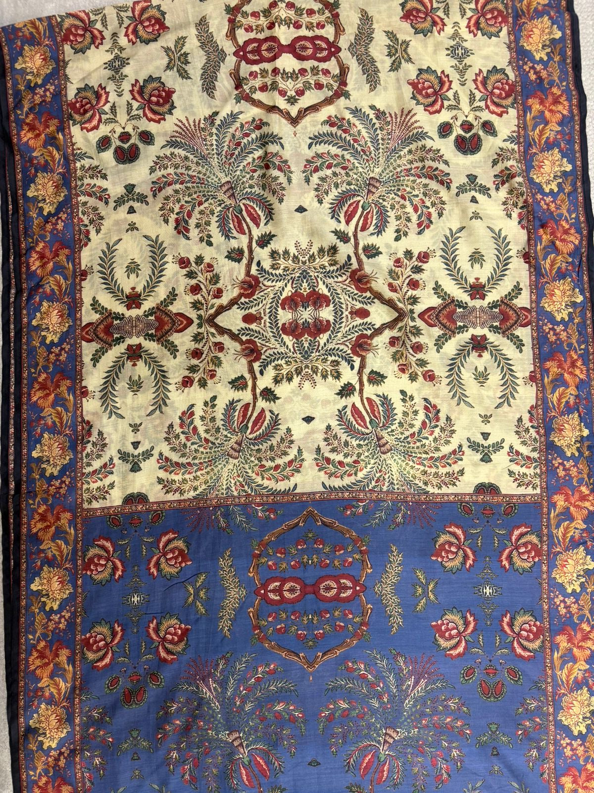 Muslin Beige-green & blue printed stole