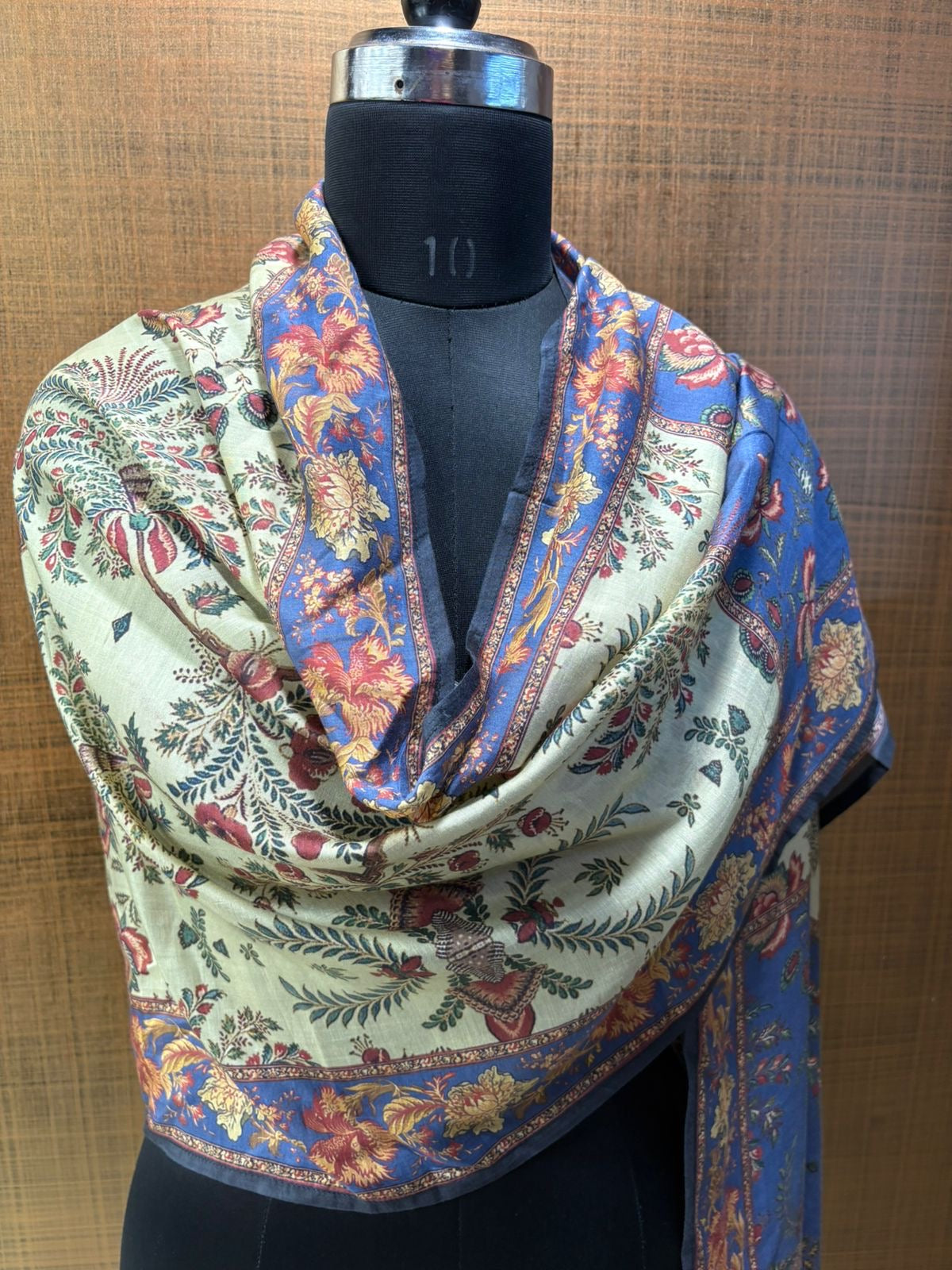 Muslin Beige-green & blue printed stole