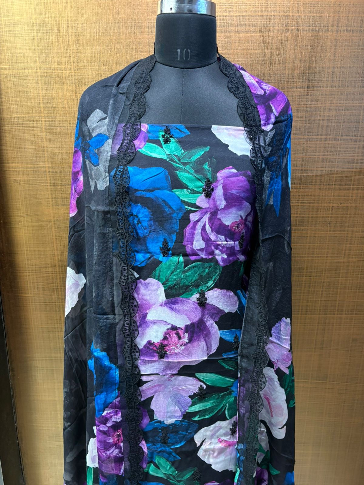 Black Muslin Floral Print Suit with Chiffon Dupatta Organza work