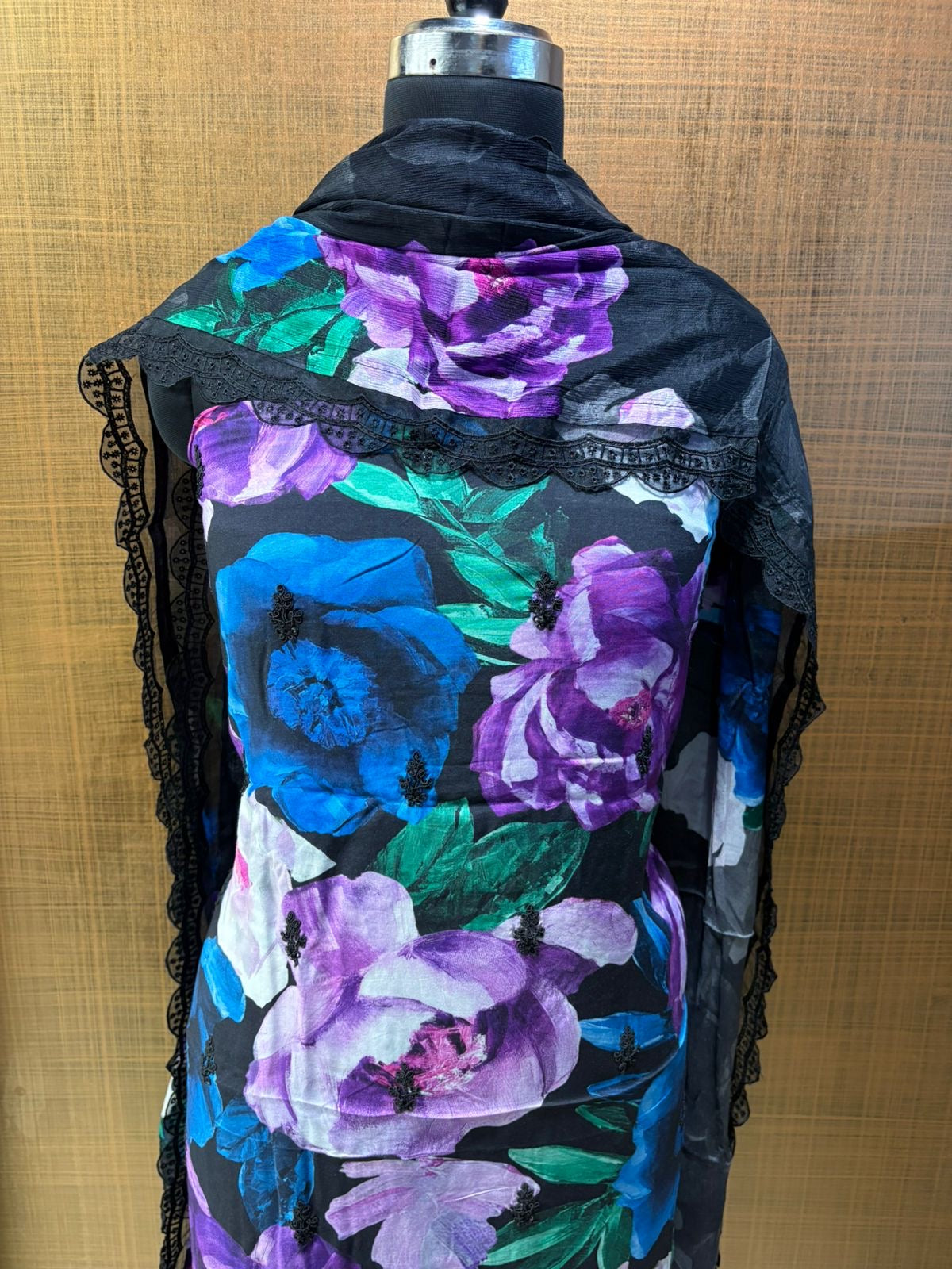 Black Muslin Floral Print Suit with Chiffon Dupatta Organza work