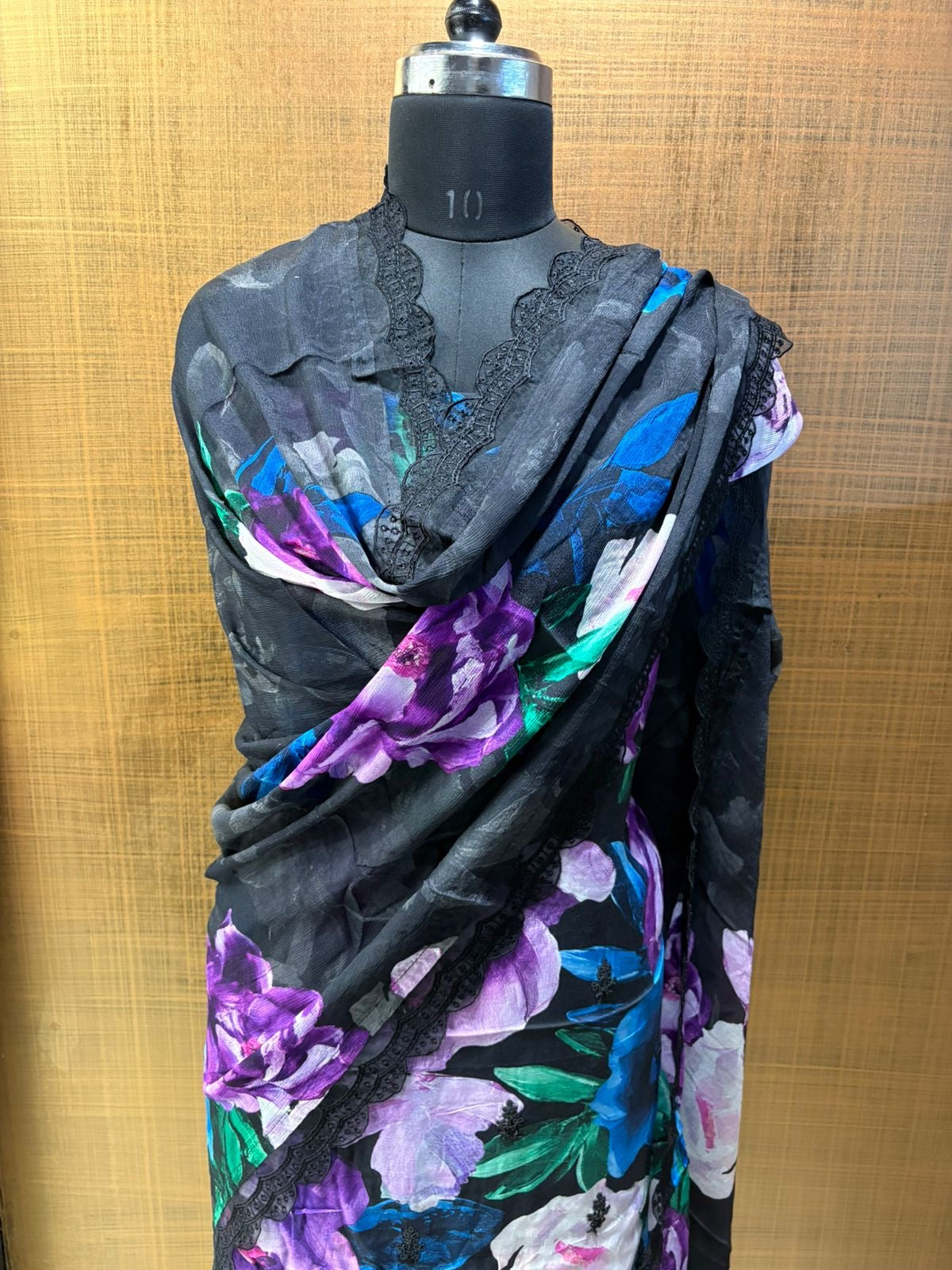 Black Muslin Floral Print Suit with Chiffon Dupatta Organza work