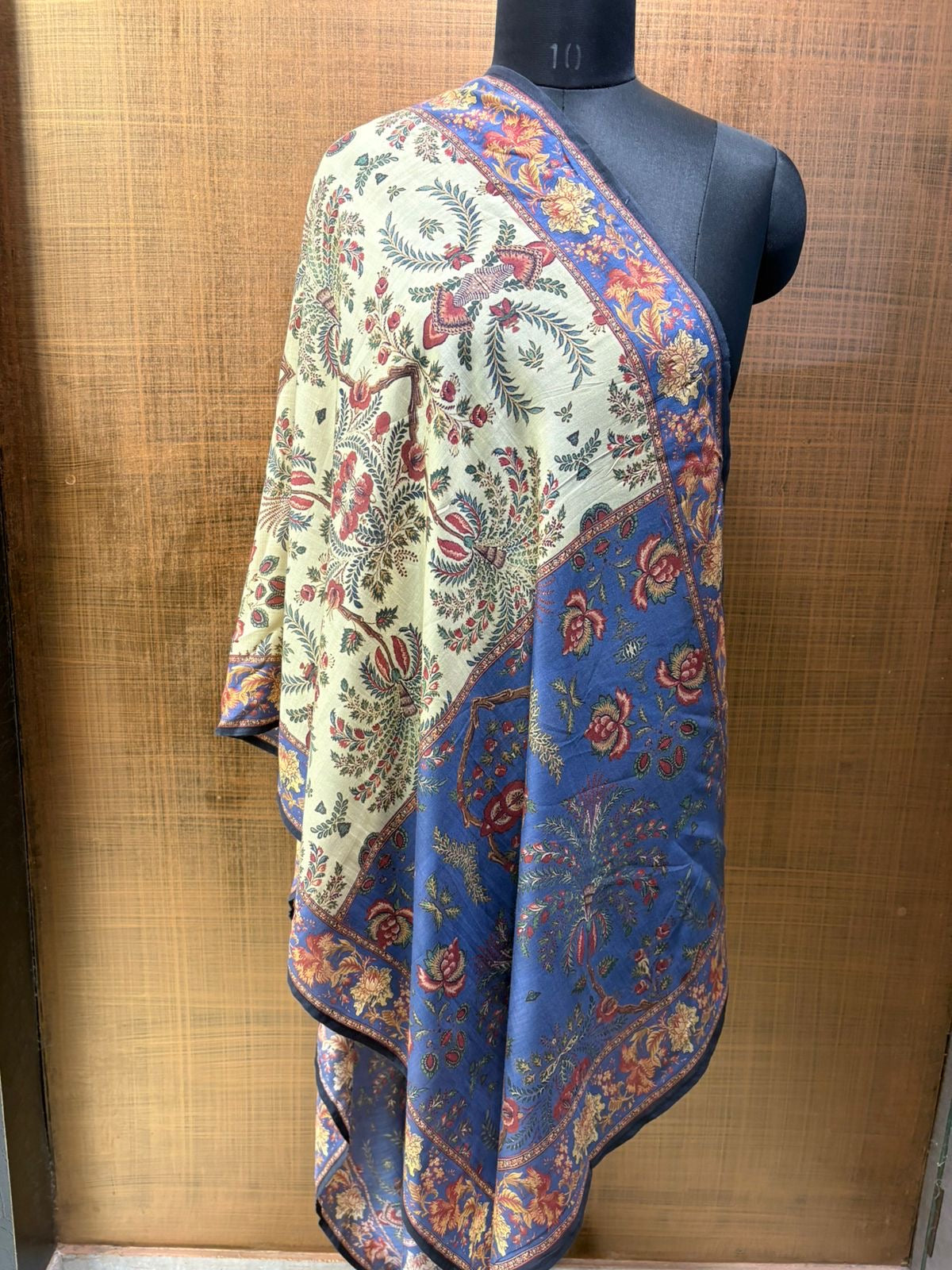 Muslin Beige-green & blue printed stole