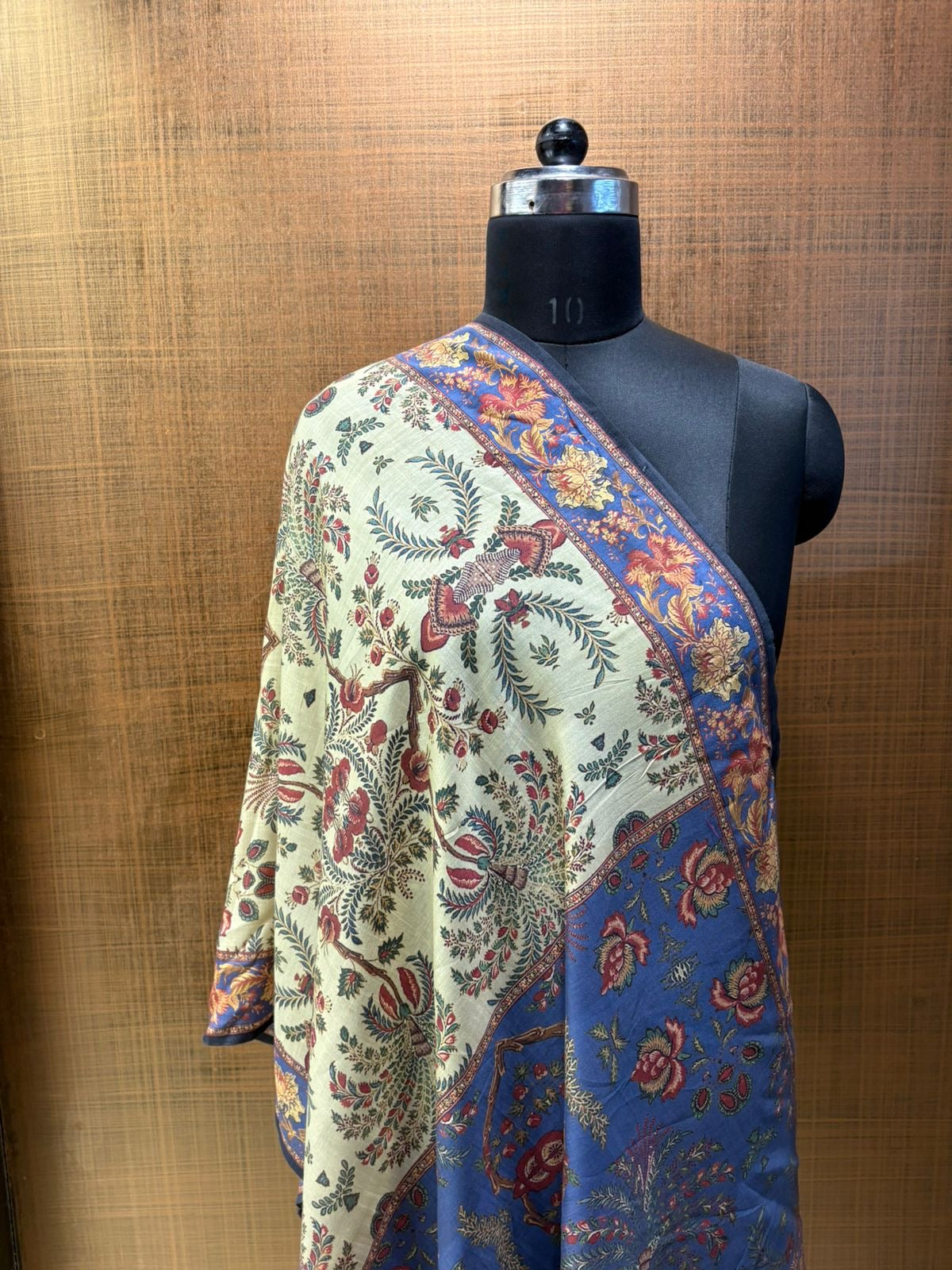 Muslin Beige-green & blue printed stole