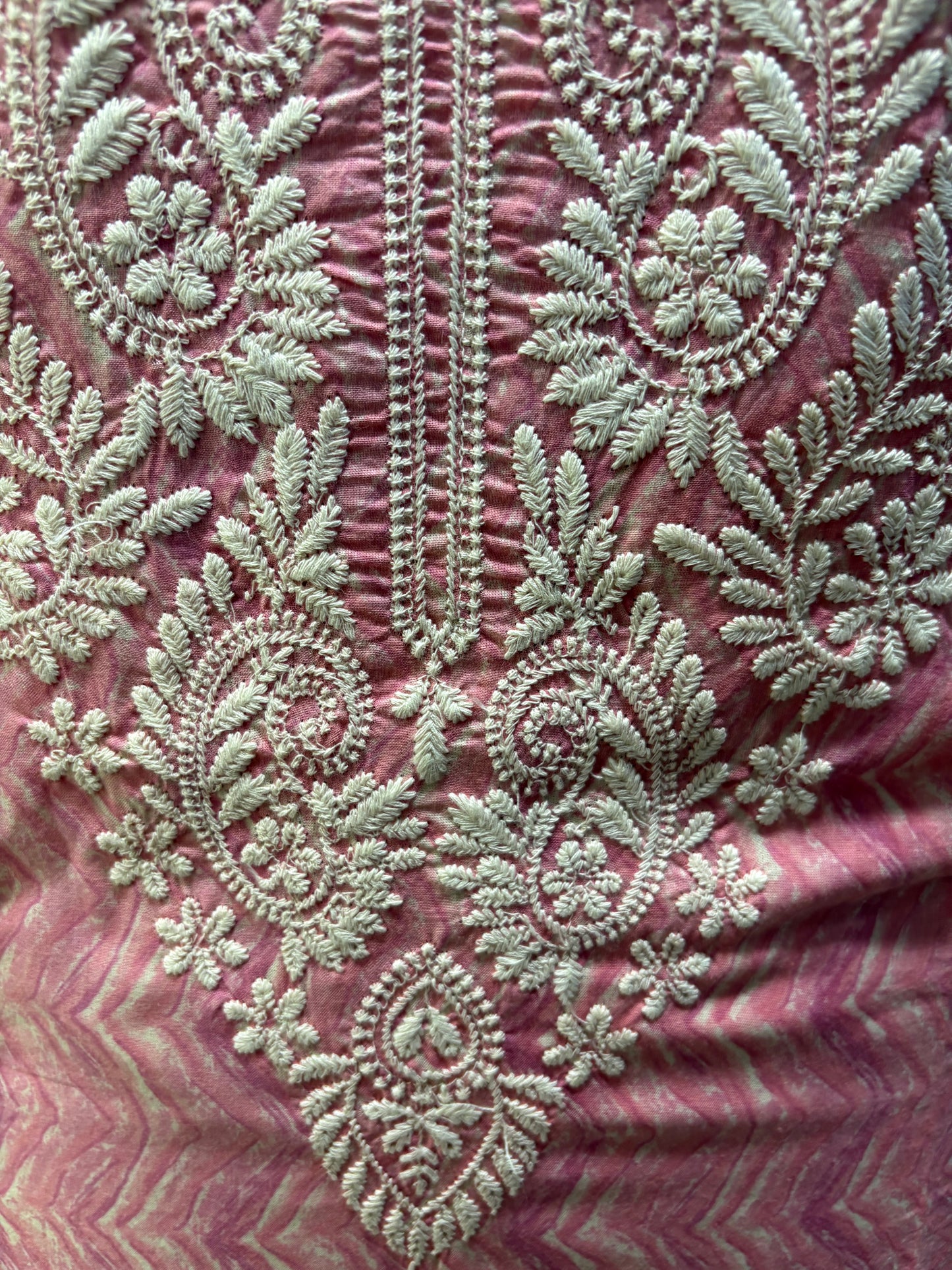 Mul Cotton Suit, Yoke Lucknowi Thread Embroidered with Mul-mul Dupatta, Lower Cream Chikan