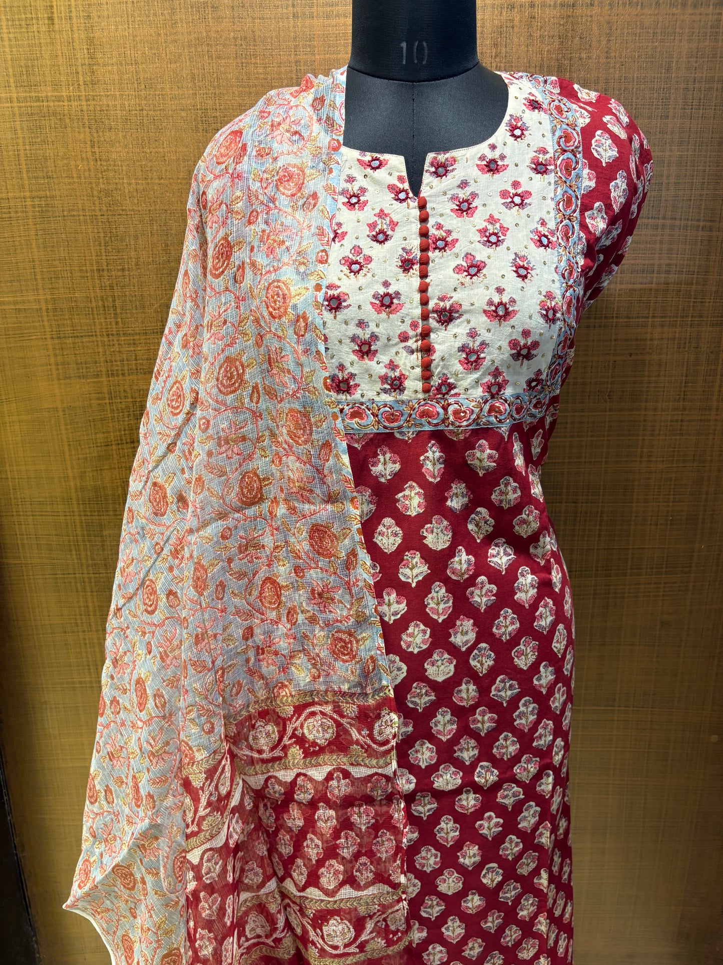 Pure Cotton Printed Suit with Embroidered Yoke & Kota Dupatta