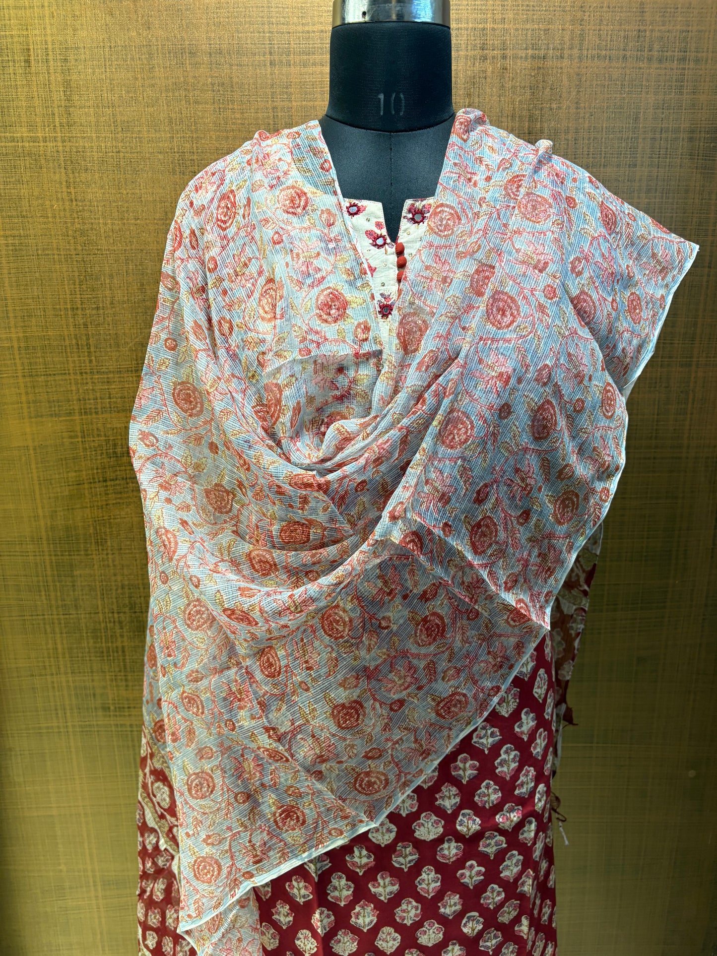 Pure Cotton Printed Suit with Embroidered Yoke & Kota Dupatta