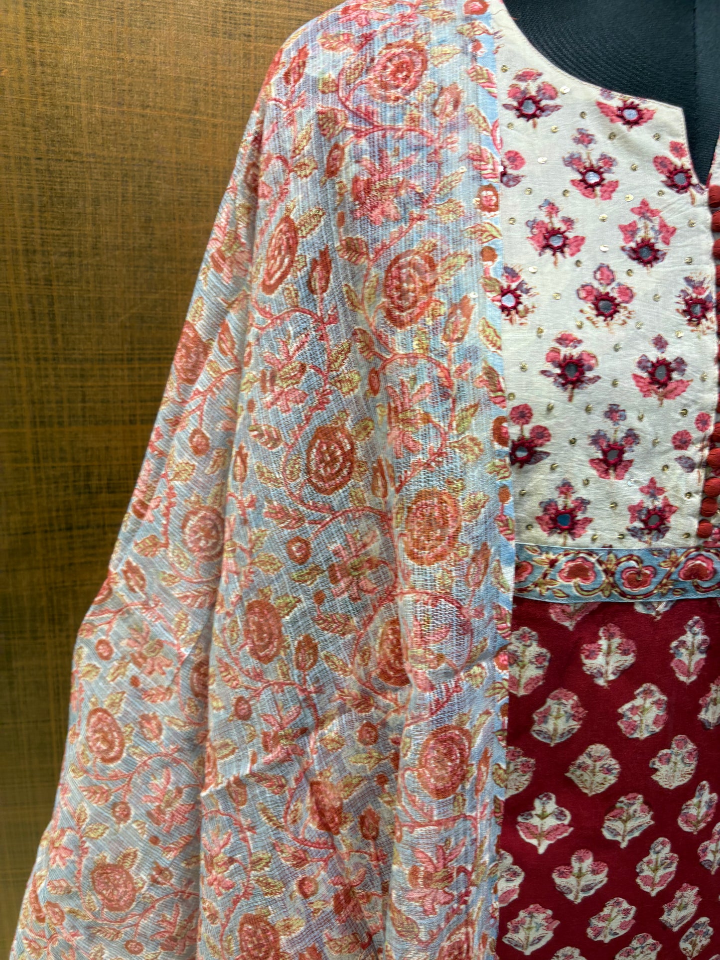 Pure Cotton Printed Suit with Embroidered Yoke & Kota Dupatta
