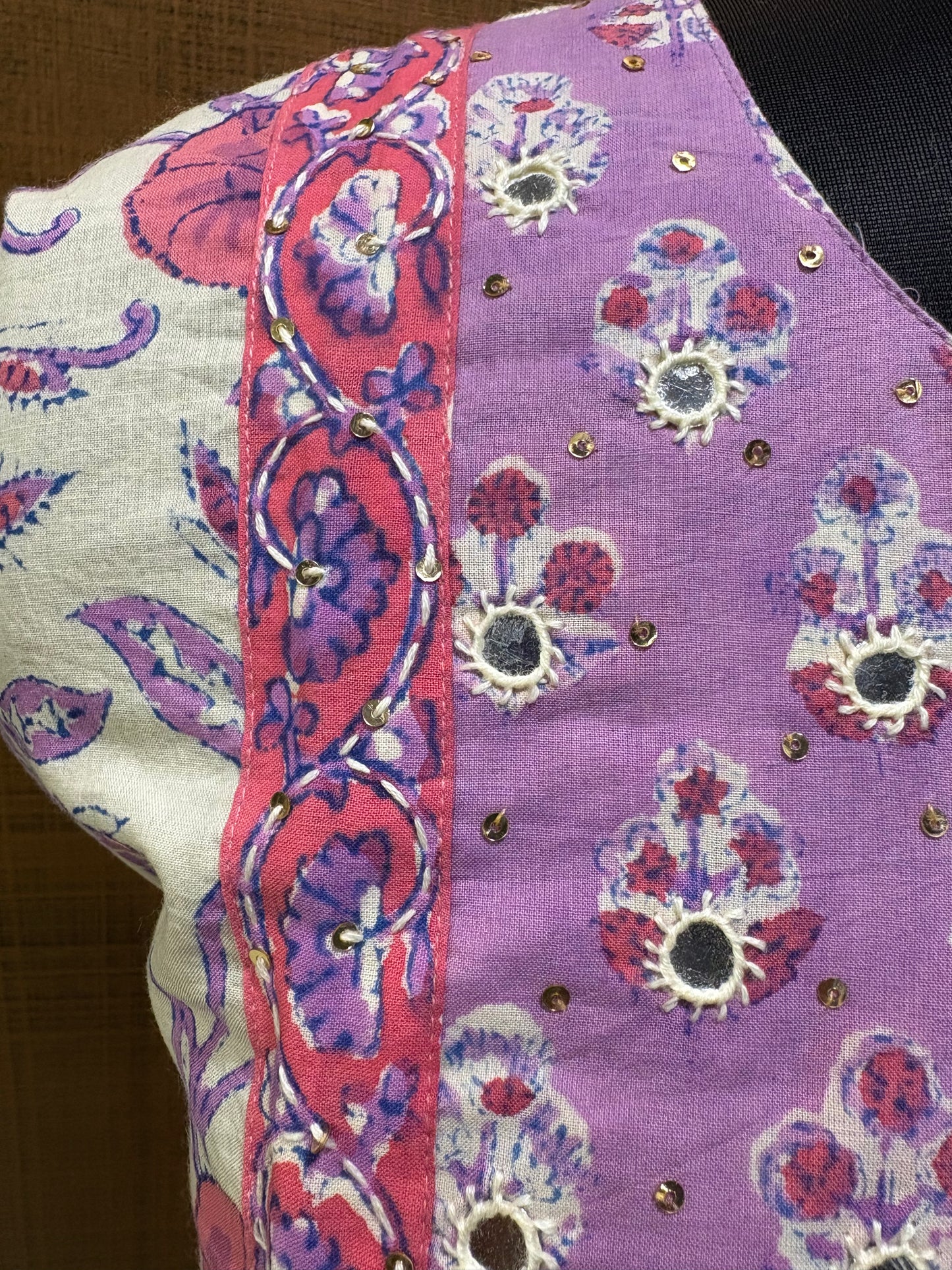 Cream Mauve Printed Suit with Embroidered Yoke & Cotton Dupatta