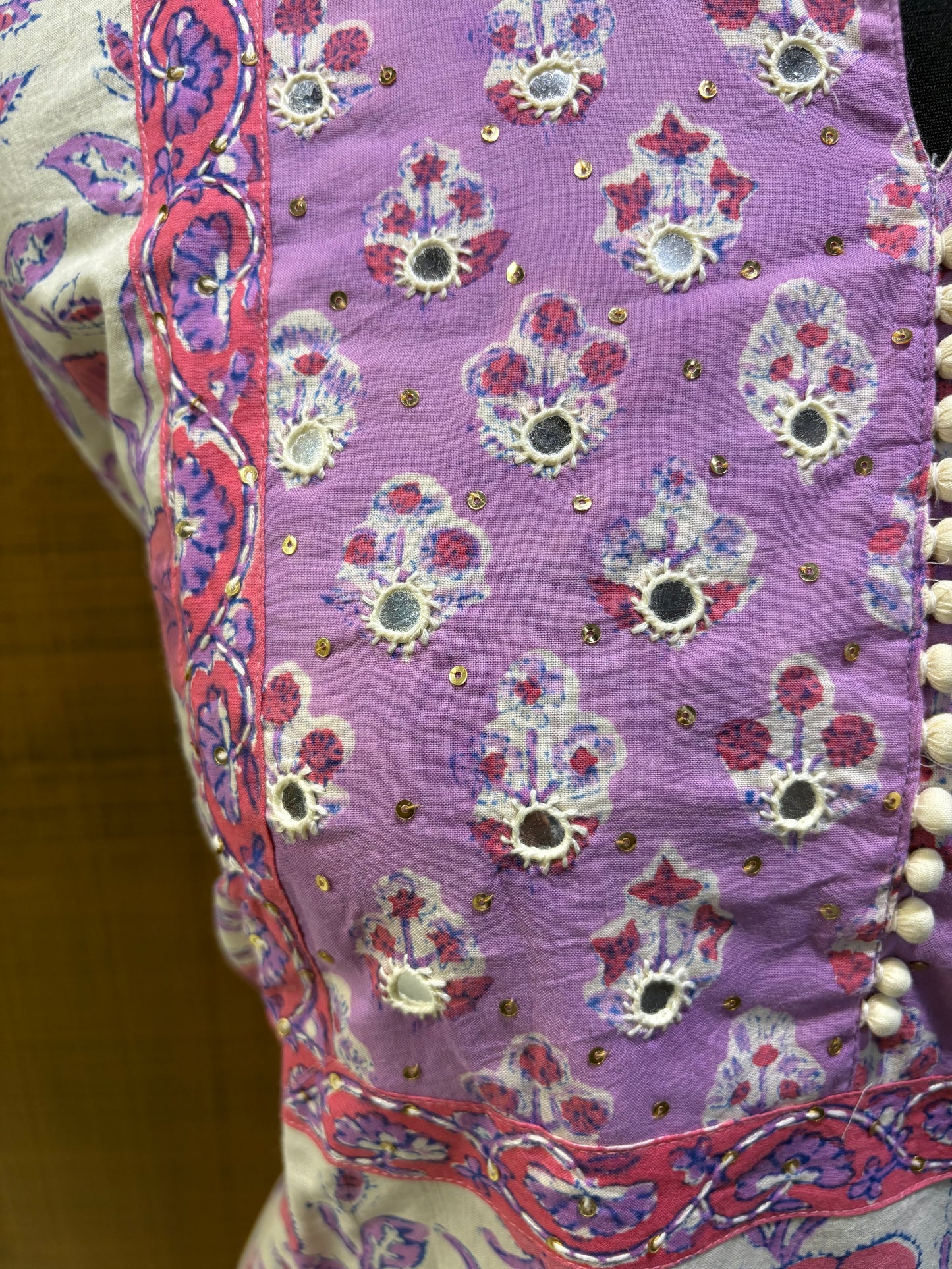 Cream Mauve Printed Suit with Embroidered Yoke & Cotton Dupatta