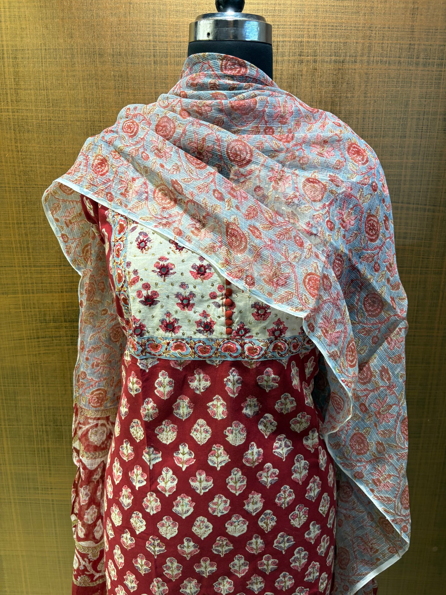 Pure Cotton Printed Suit with Embroidered Yoke & Kota Dupatta