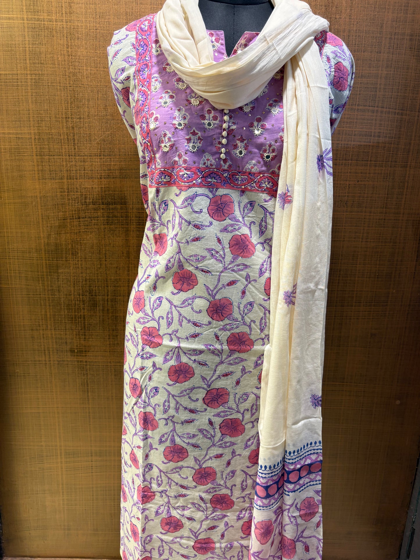 Cream Mauve Printed Suit with Embroidered Yoke & Cotton Dupatta