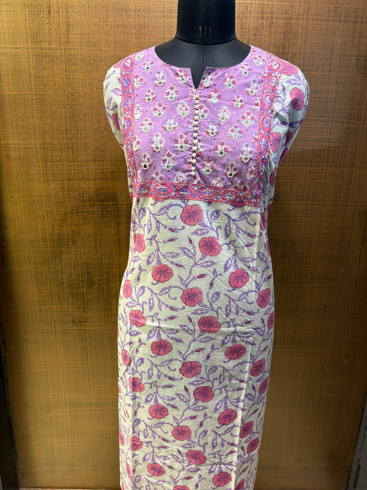 Cream Mauve Printed Suit with Embroidered Yoke & Cotton Dupatta