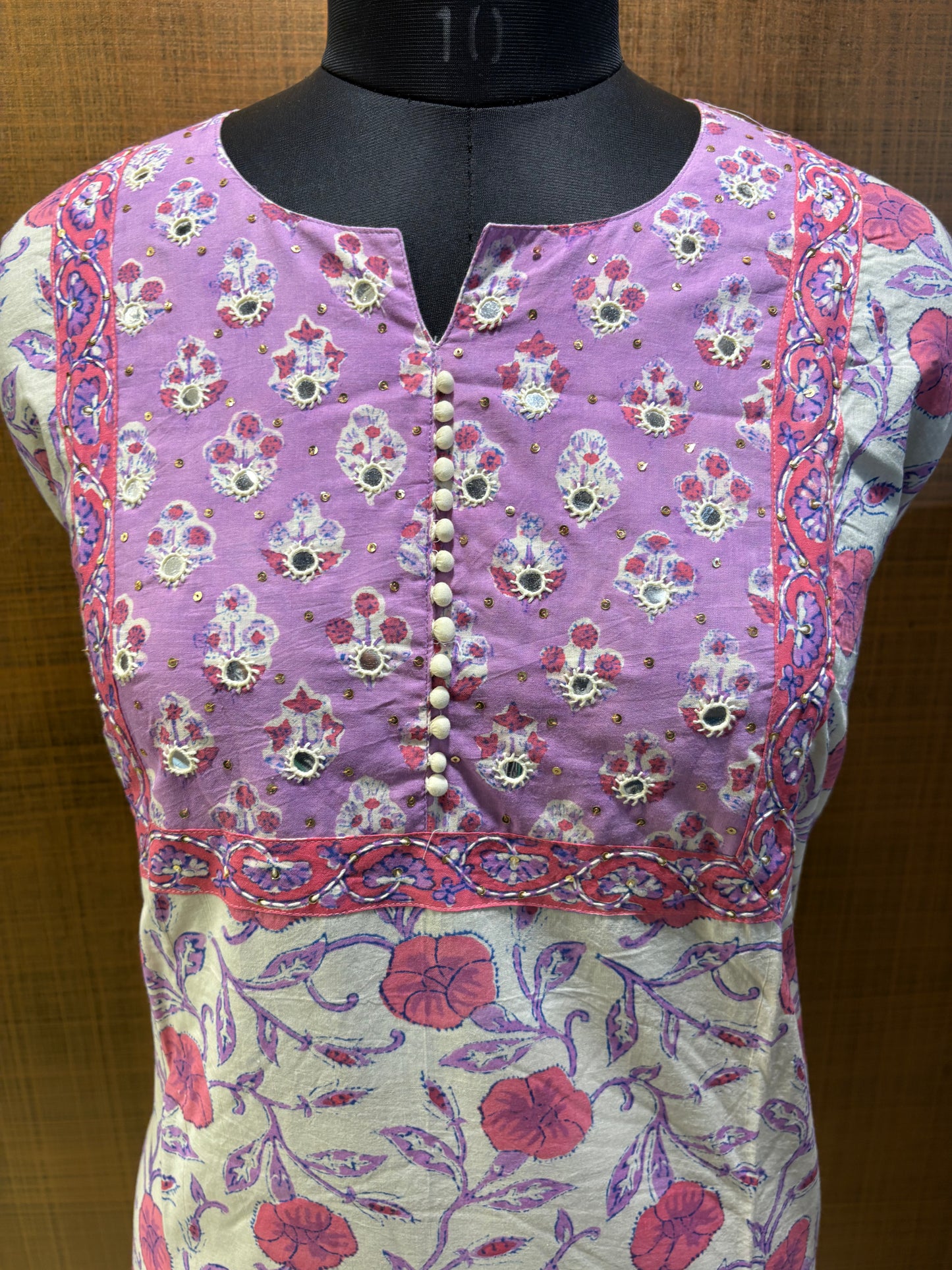 Cream Mauve Printed Suit with Embroidered Yoke & Cotton Dupatta