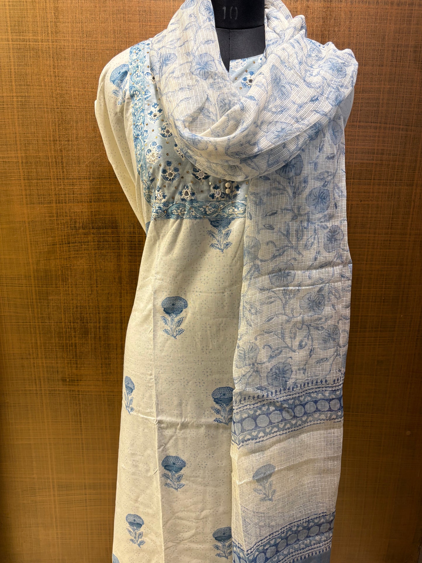 Pure Cotton Printed Suit with Embroidered Yoke & Kota Dupatta