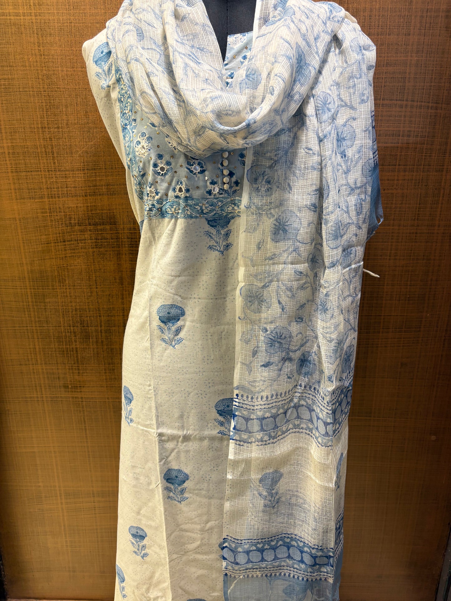 Pure Cotton Printed Suit with Embroidered Yoke & Kota Dupatta