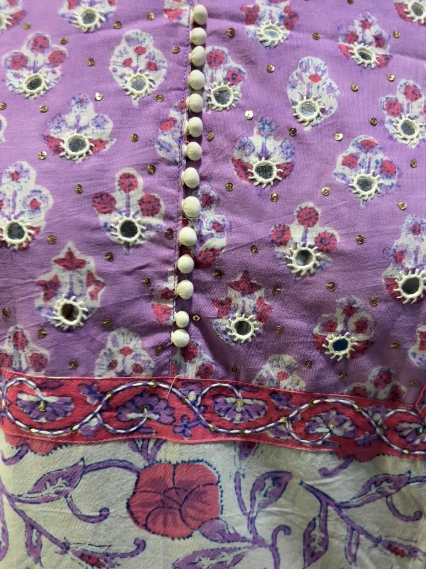 Cream Mauve Printed Suit with Embroidered Yoke & Cotton Dupatta