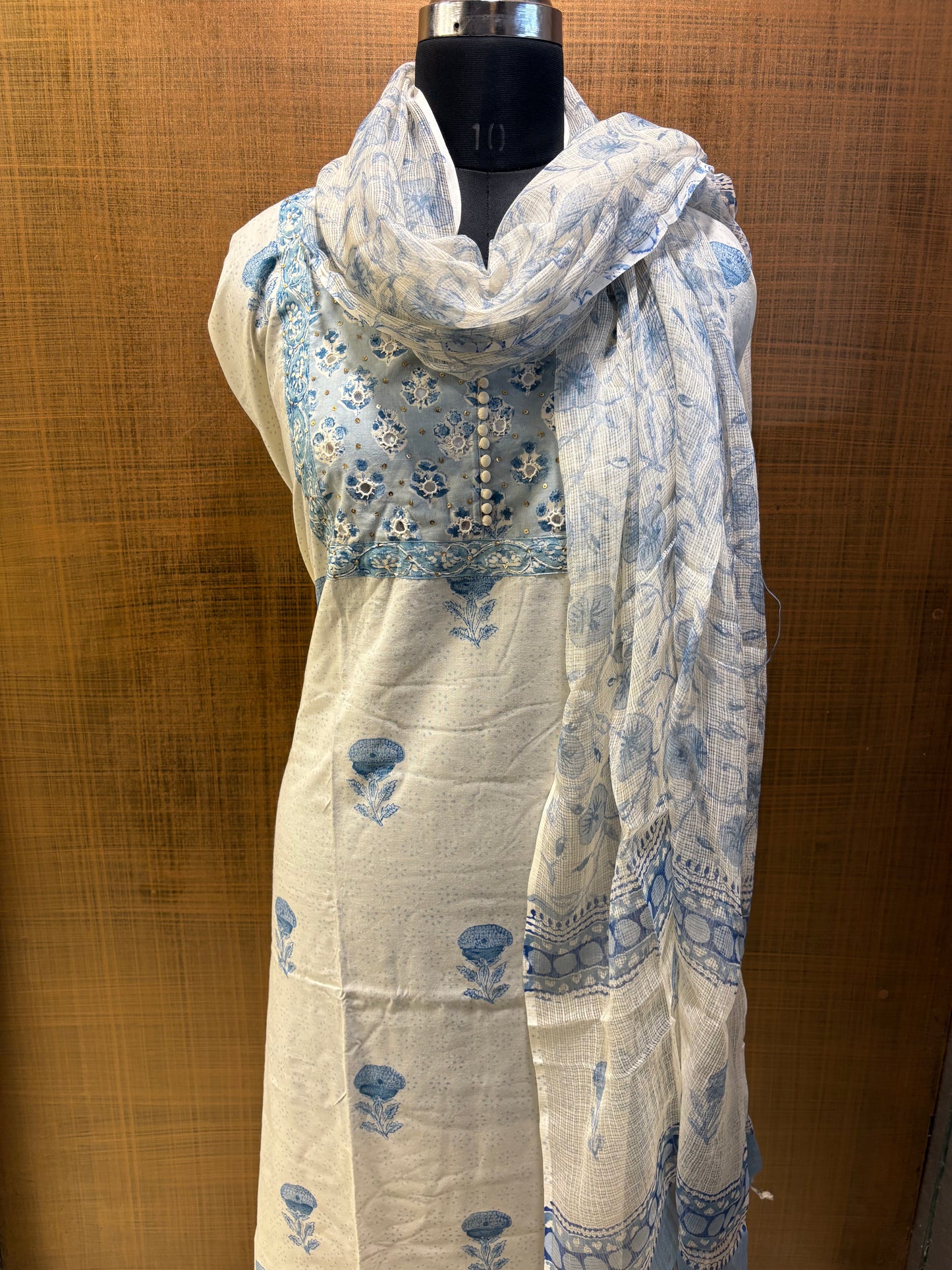 Pure Cotton Printed Suit with Embroidered Yoke & Kota Dupatta