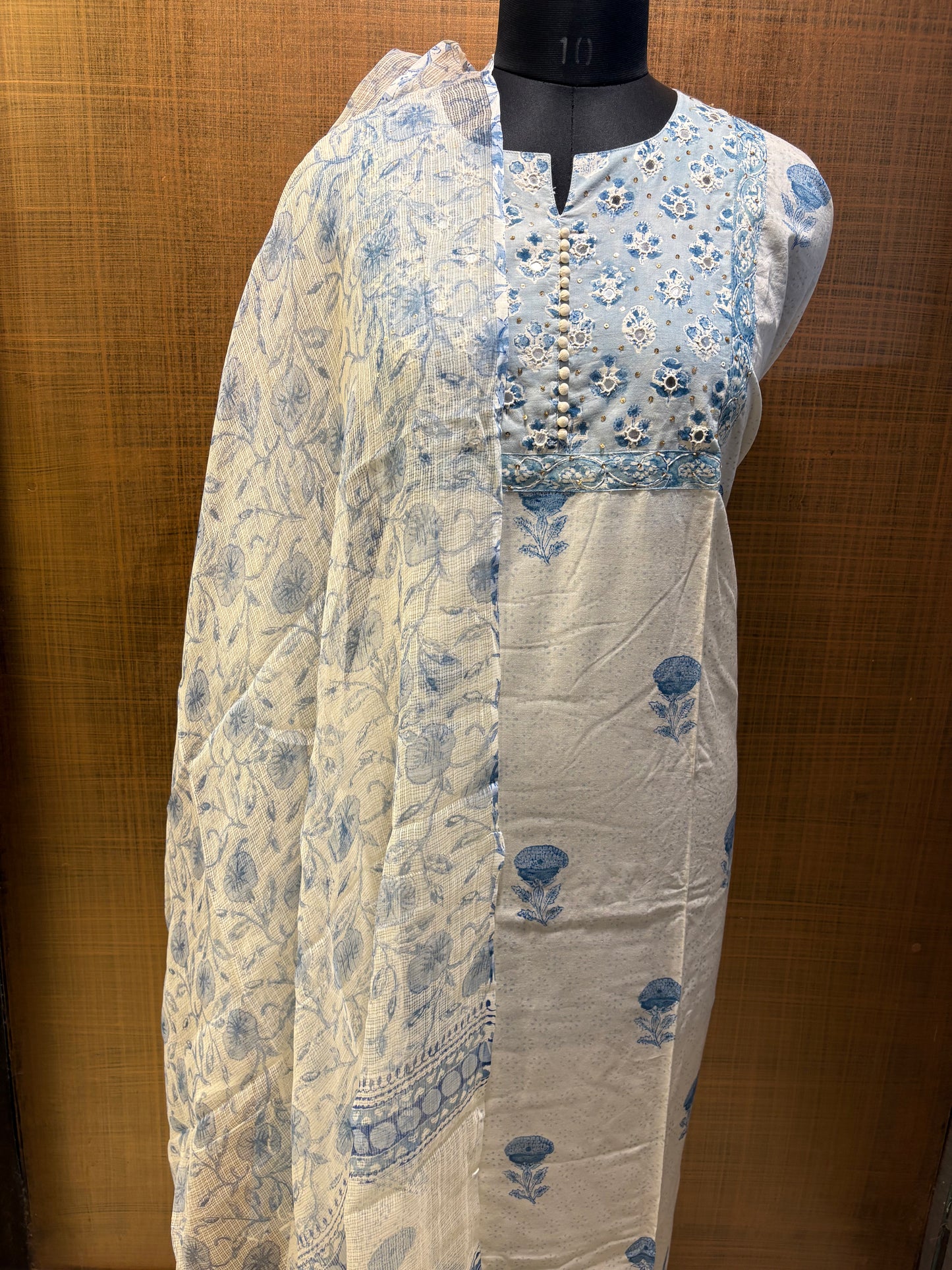 Pure Cotton Printed Suit with Embroidered Yoke & Kota Dupatta