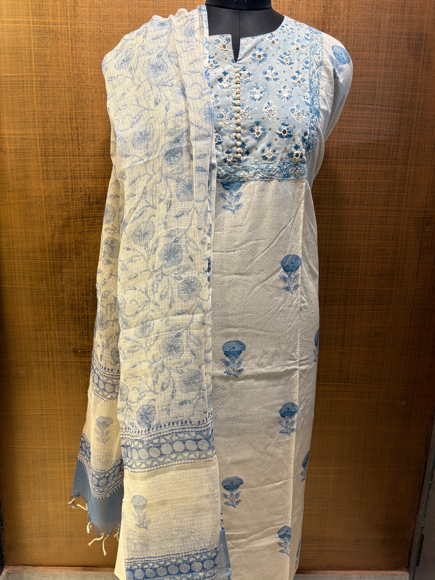 Pure Cotton Printed Suit with Embroidered Yoke & Kota Dupatta