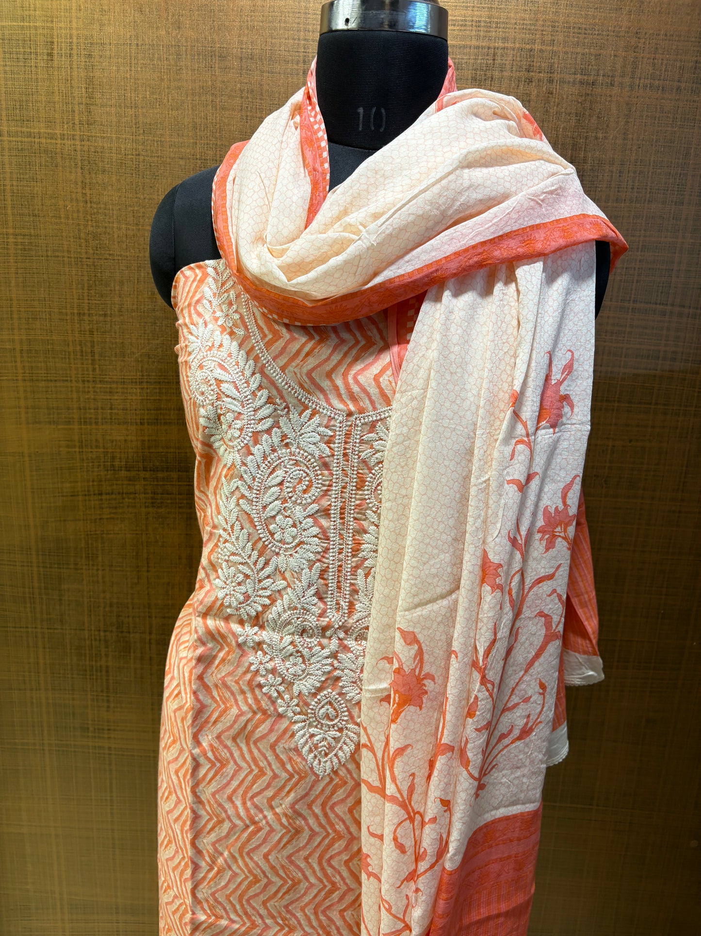 Mul Cotton Suit, Yoke Lucknowi Thread Embroidered with Mul-mul Dupatta, Lower Cream Chikan