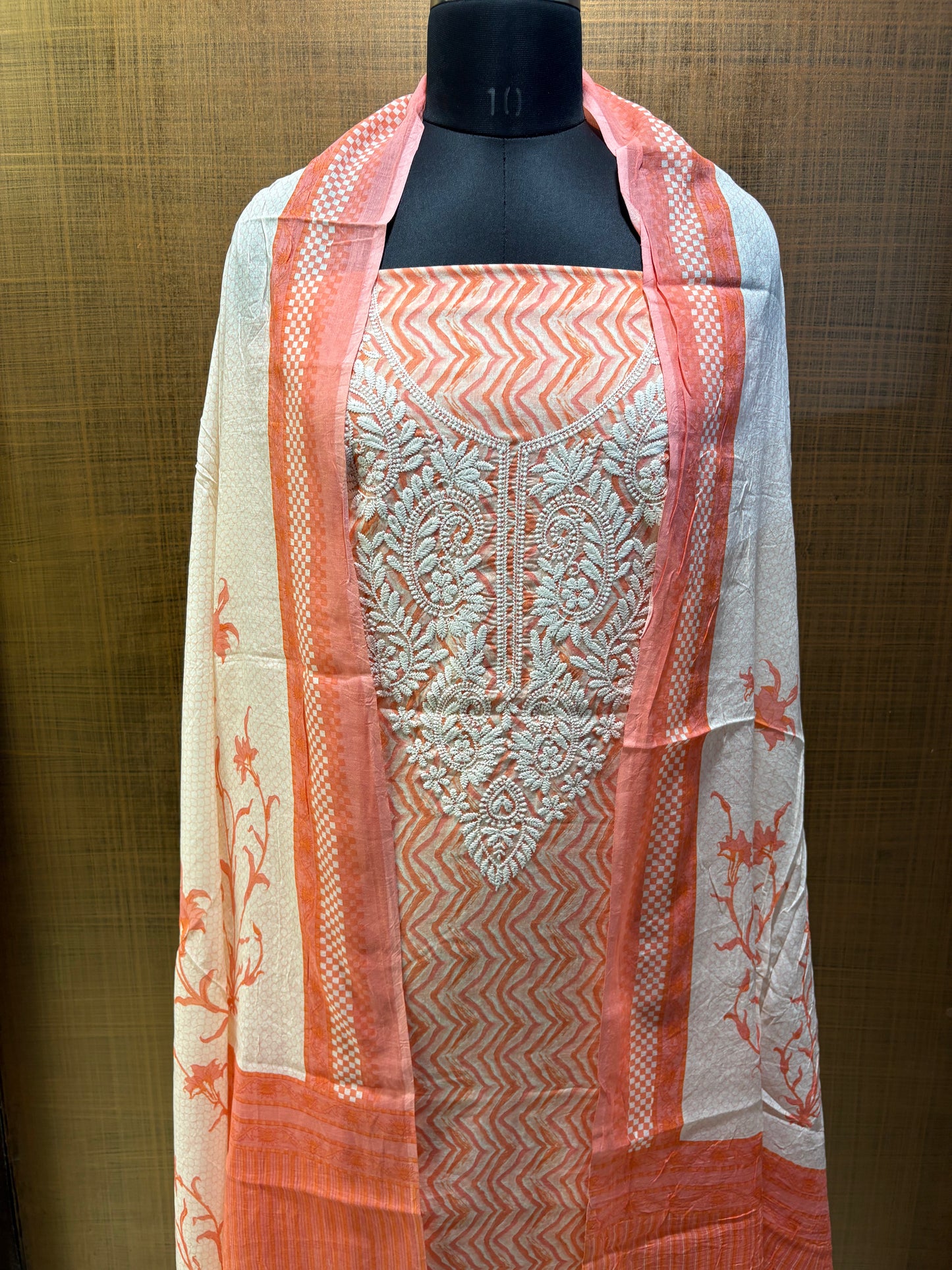 Mul Cotton Suit, Yoke Lucknowi Thread Embroidered with Mul-mul Dupatta, Lower Cream Chikan