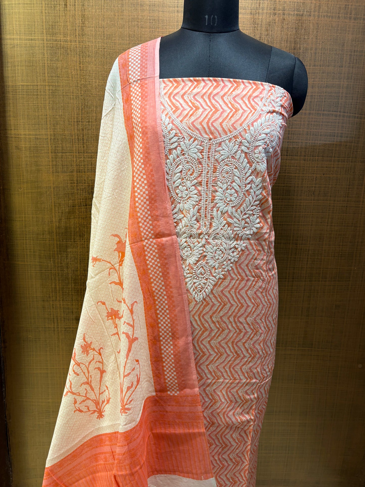 Mul Cotton Suit, Yoke Lucknowi Thread Embroidered with Mul-mul Dupatta, Lower Cream Chikan