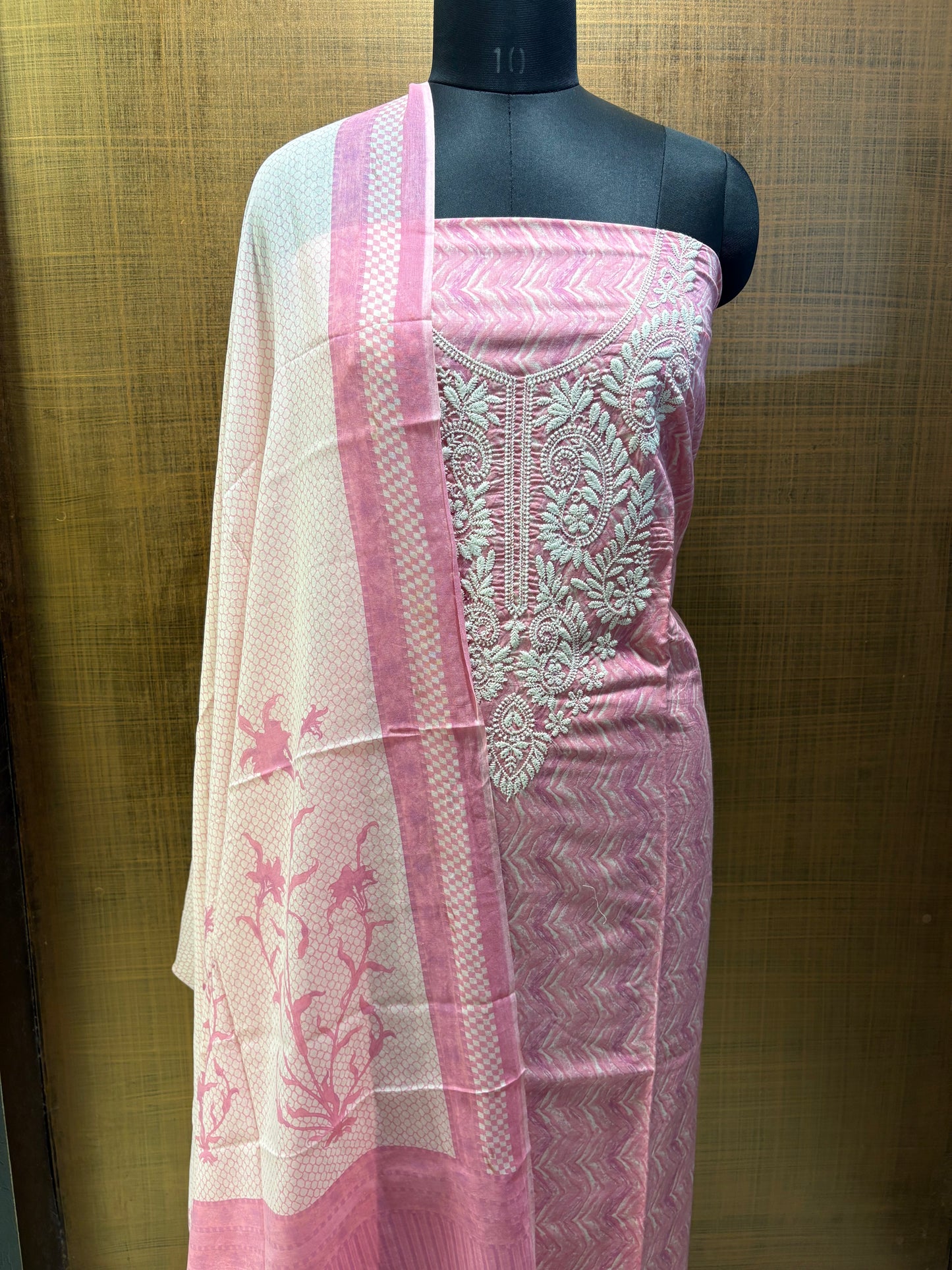 Mul Cotton Suit, Yoke Lucknowi Thread Embroidered with Mul-mul Dupatta, Lower Cream Chikan