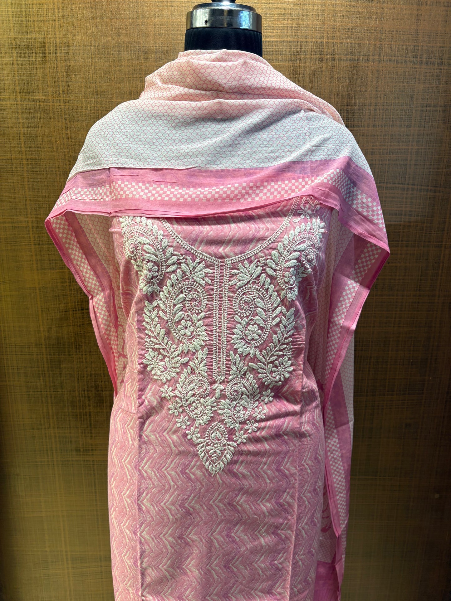Mul Cotton Suit, Yoke Lucknowi Thread Embroidered with Mul-mul Dupatta, Lower Cream Chikan