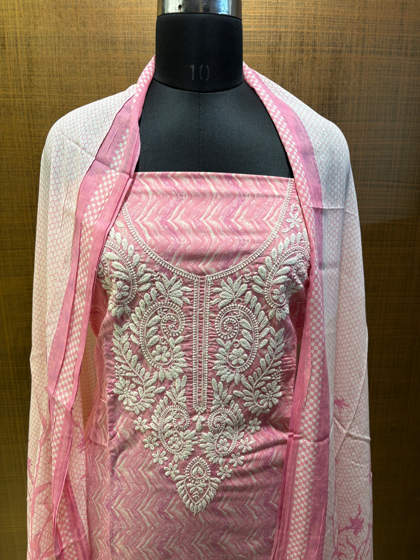 Mul Cotton Suit, Yoke Lucknowi Thread Embroidered with Mul-mul Dupatta, Lower Cream Chikan