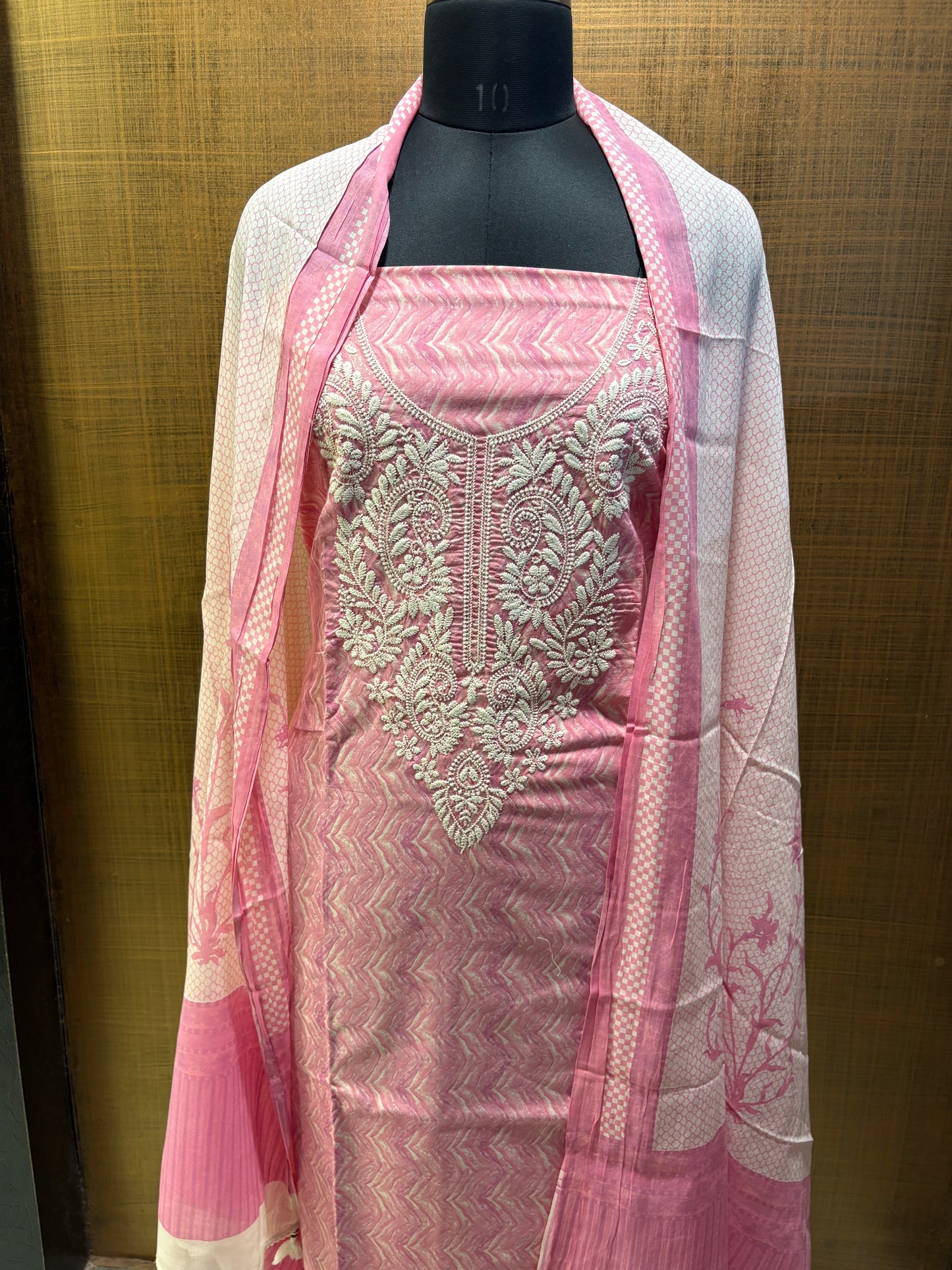 Mul Cotton Suit, Yoke Lucknowi Thread Embroidered with Mul-mul Dupatta, Lower Cream Chikan