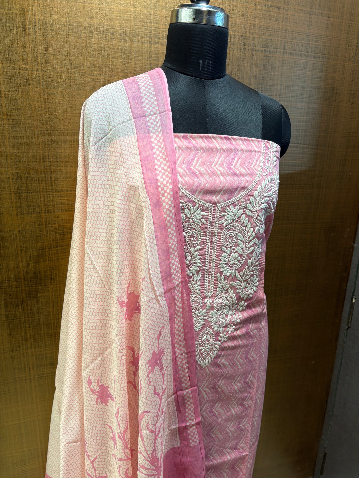 Mul Cotton Suit, Yoke Lucknowi Thread Embroidered with Mul-mul Dupatta, Lower Cream Chikan