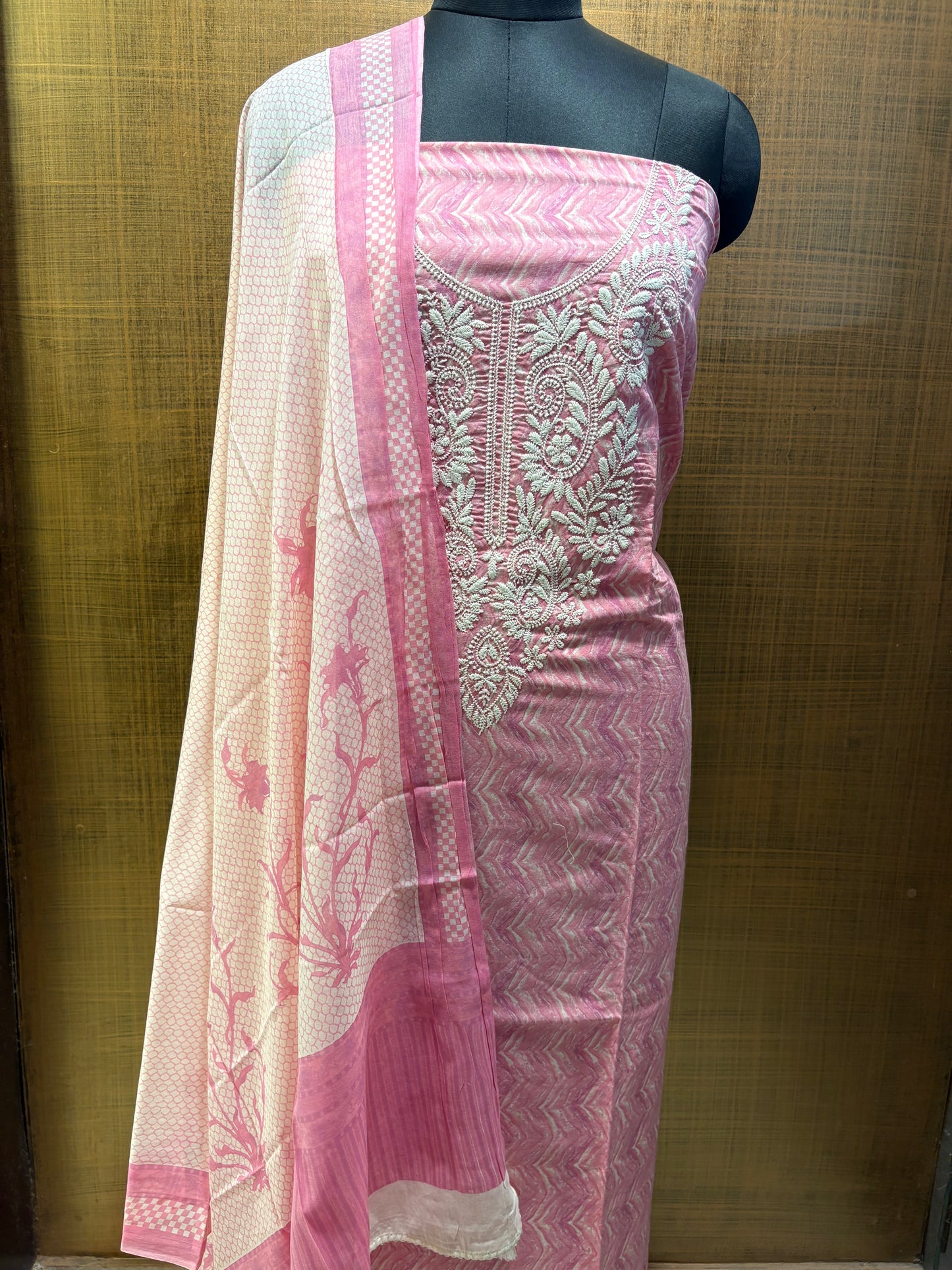 Mul Cotton Suit, Yoke Lucknowi Thread Embroidered with Mul-mul Dupatta, Lower Cream Chikan