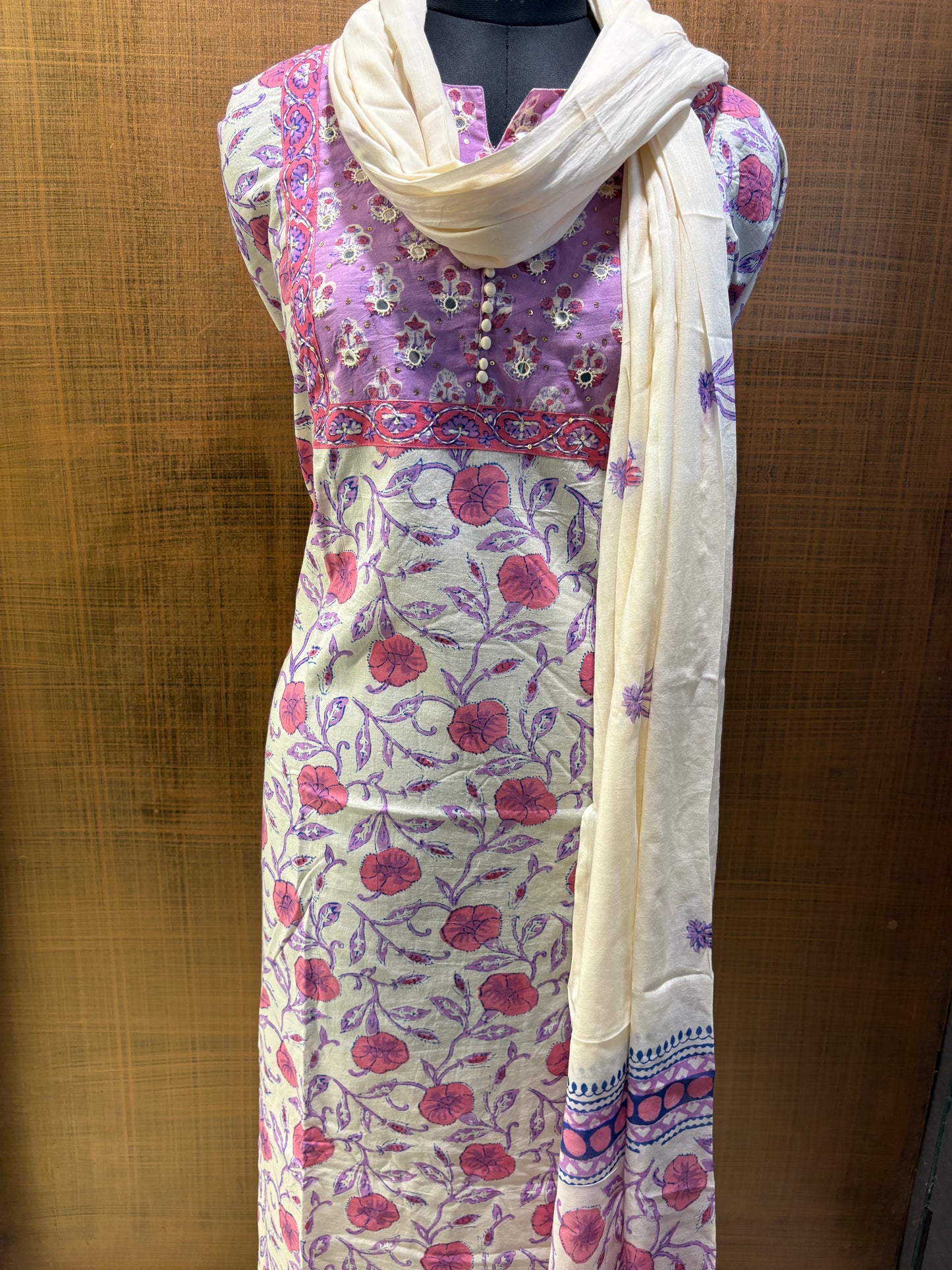 Cream Mauve Printed Suit with Embroidered Yoke & Cotton Dupatta